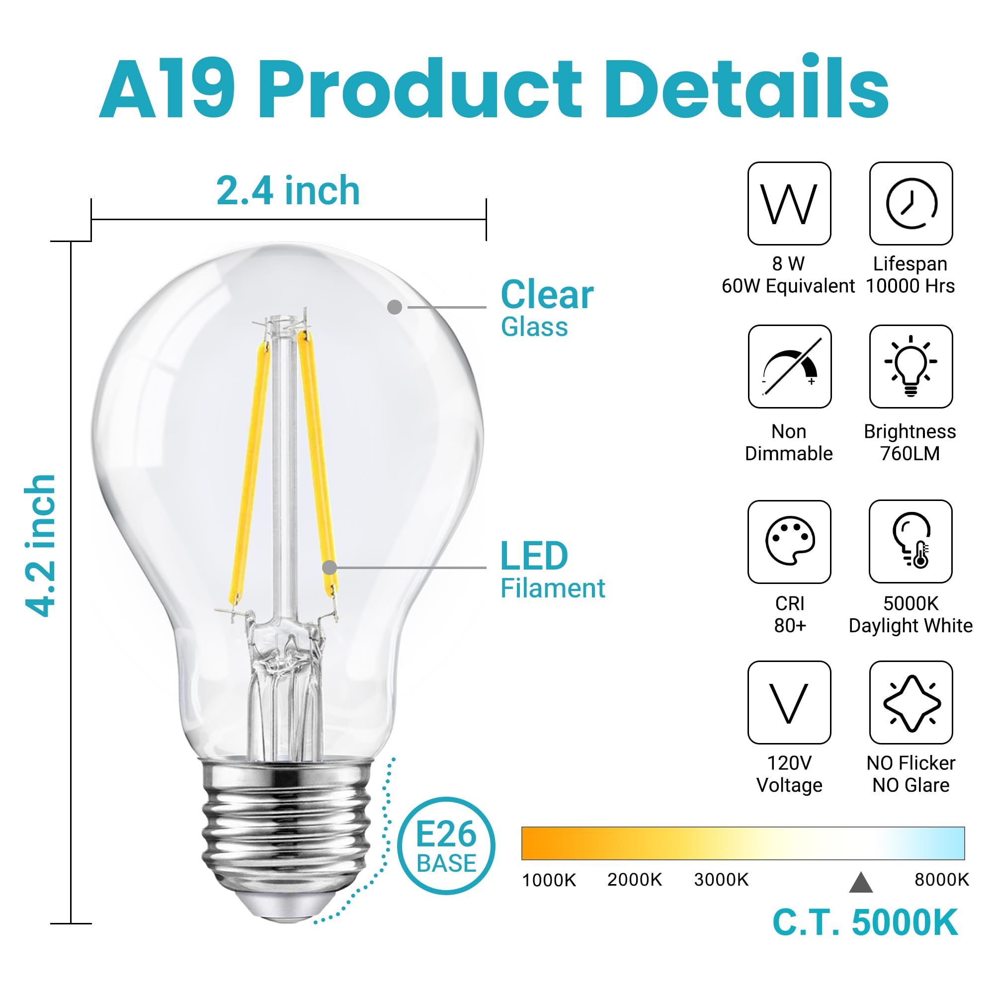 Tjoy 12 Pack A19 Vintage Led Edison Bulbs, Non-Dimmable, 60W Equivalent, High Brightness 5000K Daylight White, 8W E26 Standard B