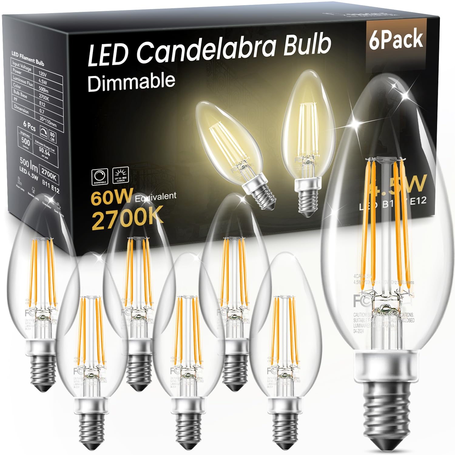 Tjoy Led Candelabra Bulbs Dimmable, 60W Equivalent Chandelier Light Bulb, E12 Small Base, 4.5W 2700K Soft Warm White, 500Lm, B11