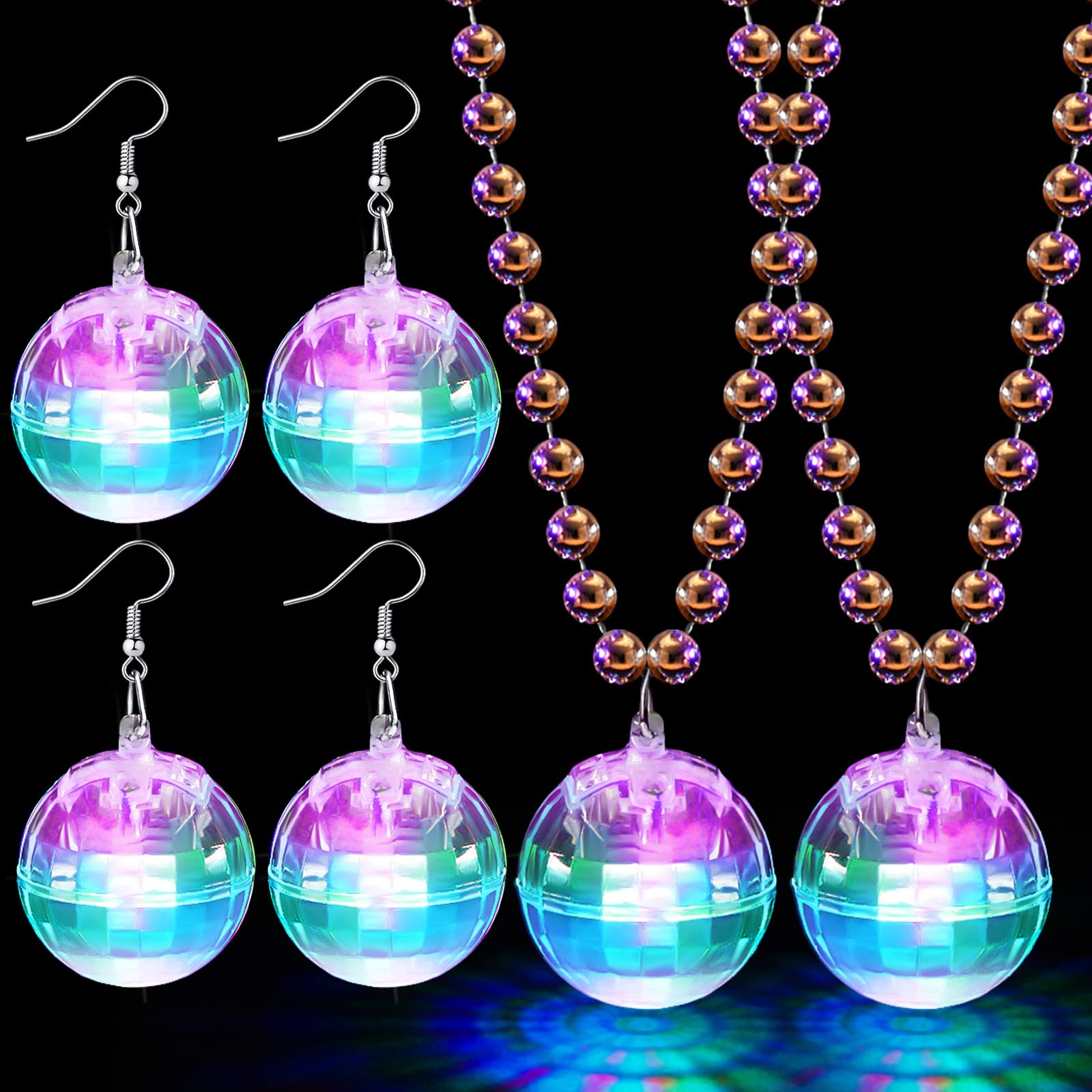 Sasylvia 2 Pcs Led Disco Ball Necklaces Light Up Disco Party 70S Necklace And 2 Pairs Light Up Disco Ball Earrings Sets For Birt