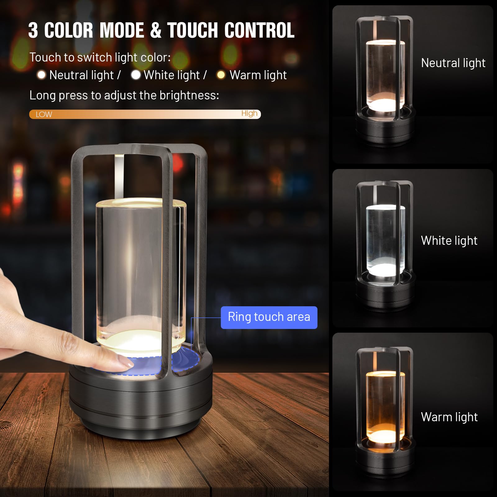Cordless Table Lamp For Outdoor Indoor, Portable Metal Desk Lamp, Rechargeable Led Crystal Lantern Lamp, 3 Color Stepless Dimming Touch, Battery Powered Table Light For Bedroom Restaurant (Black)