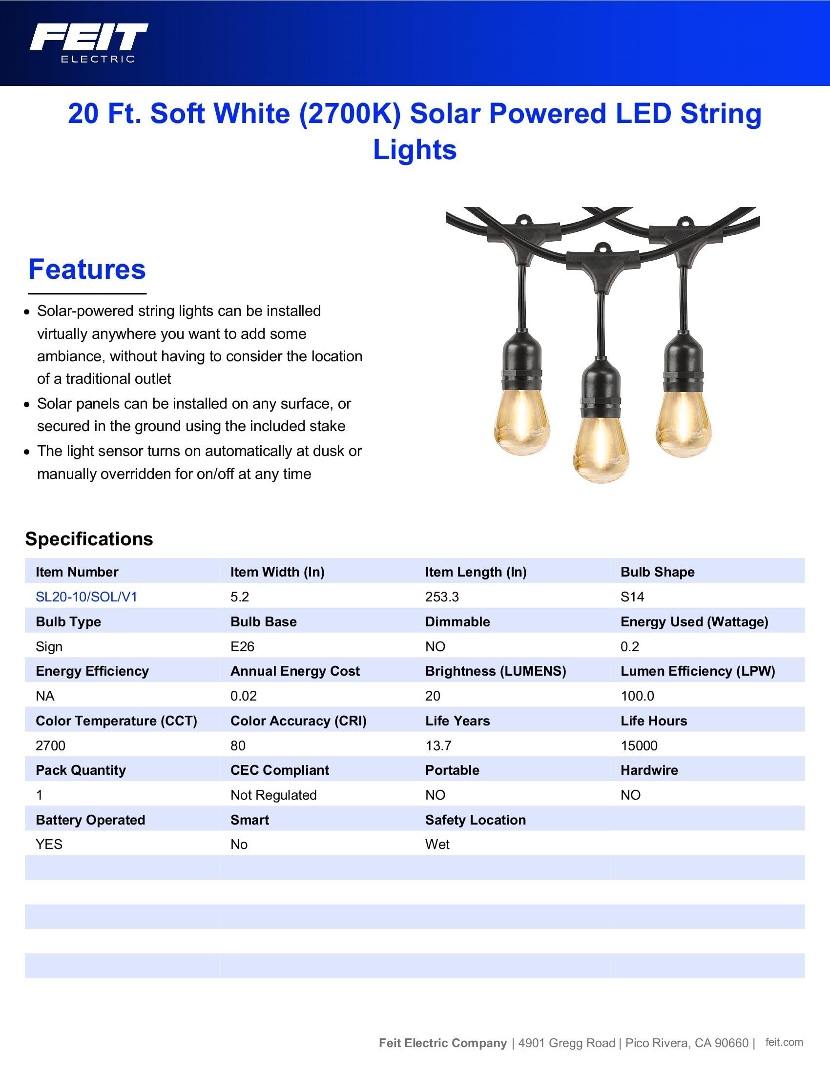Feit Electric Led Solar Powered String Lights, Dusk-To-Dawn Sensor, 20Ft Shatter Resistant Outdoor String Lights, Linkable, 2700