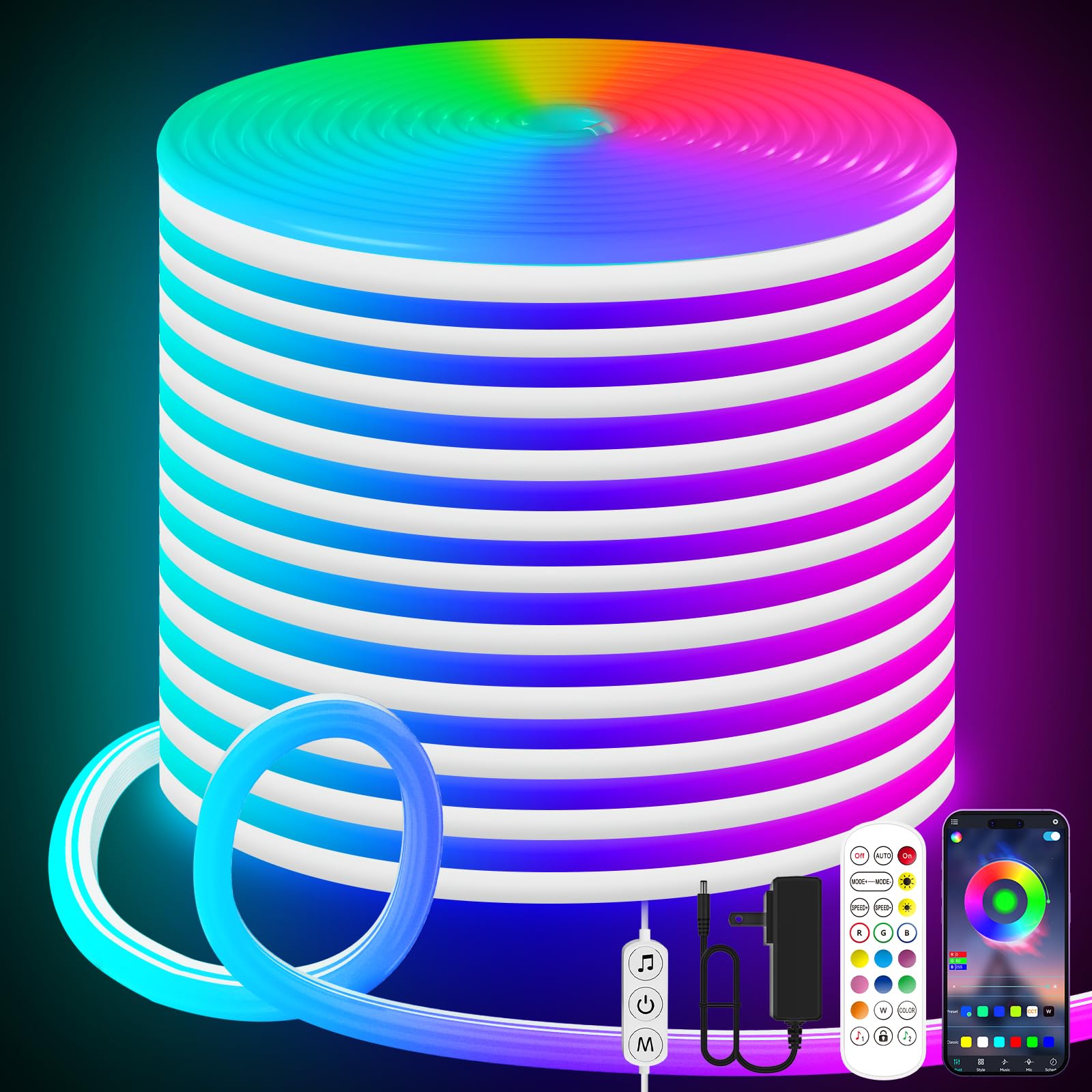 KANTUTOE LED Neon Rope Lights, 19.68ft RGB LED Light Strip, 24V Music Sync App/Remote Control DIY Rope Light, IP67 Waterproof Ga