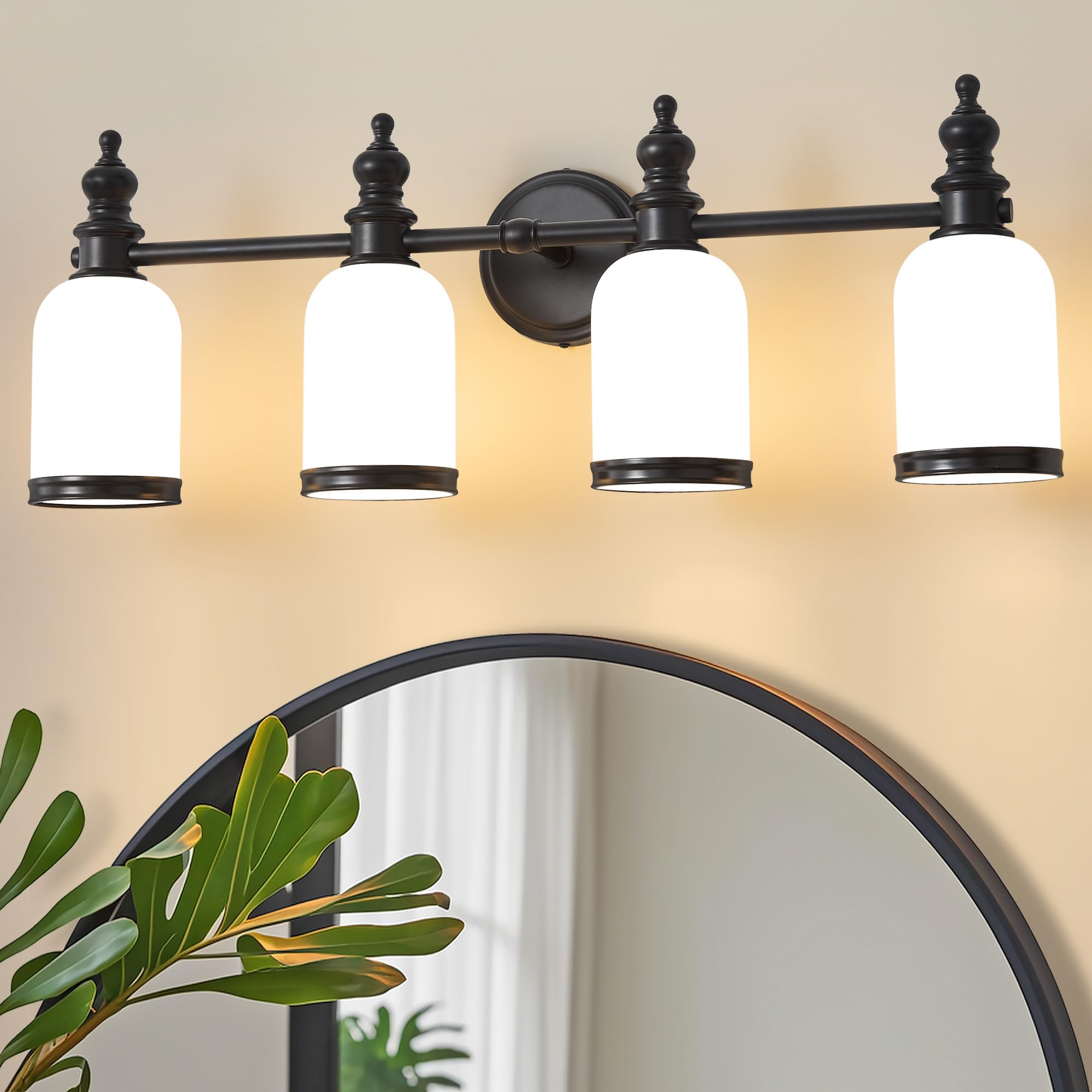 Lanmate Bathroom Light Fixtures, 4 Light Black Bathroom Vanity Light Over Mirror With Milk Glass Shade Modern Wall Sconce Mid Ce