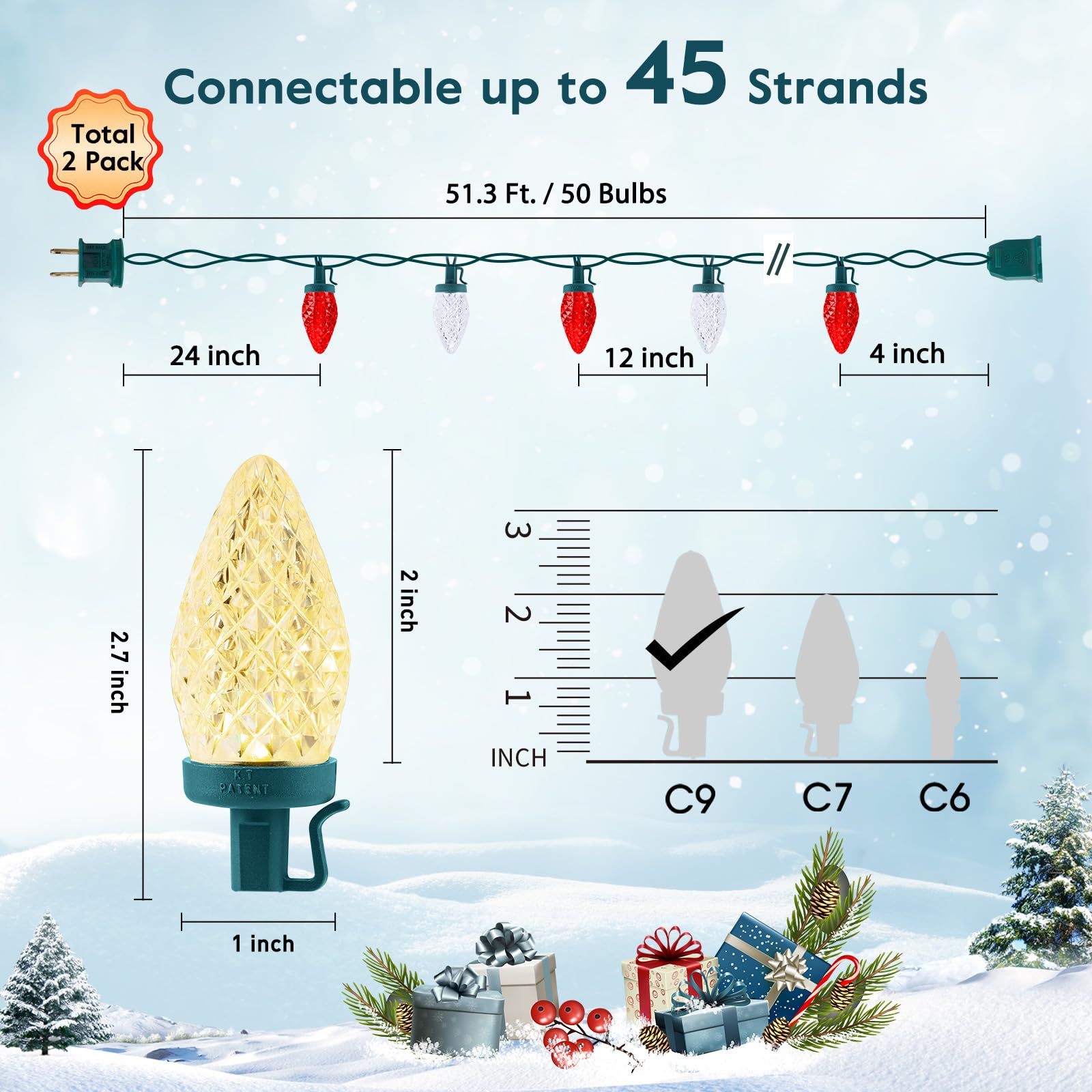 2Pack C9 Led Christmas Lights With 100 Spring Clips, Total 100Ft 100 Led Waterproof Strawberry String Lights, Commercial Grade Extendable Perfect For Roofline Patio House Xmas Decor, Red & Warm White