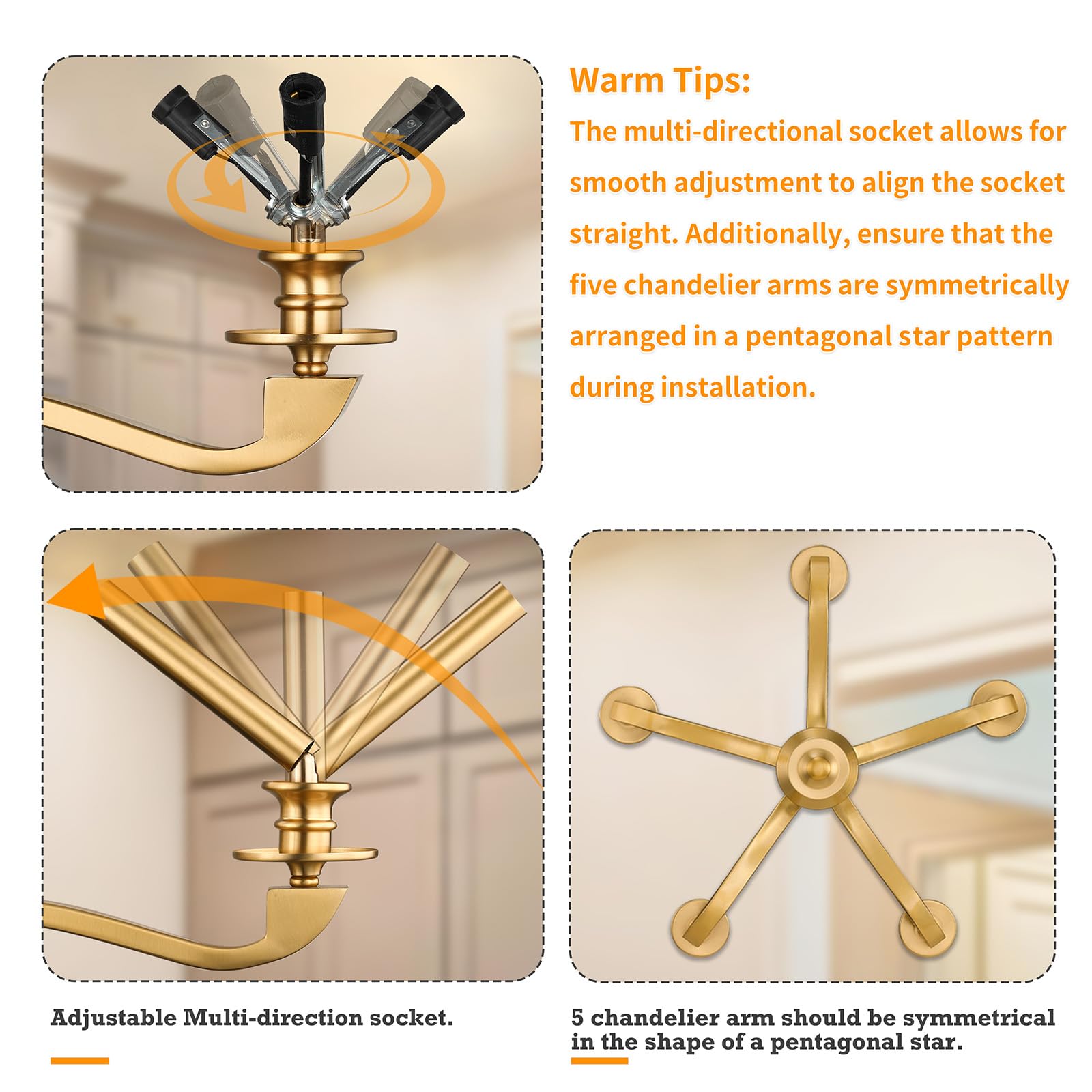 Gold Chandeliers For Dining Room, 25.5 Inch Vintage Gold Chandelier Light Fixture Over Table, Farmhouse Candle Chandeliers, 5-Li