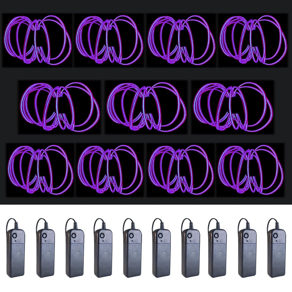 MaxLax EL Wire Purple 10-Pack  16.4ft/5m Neon Light Wire with Noise Reduction and Battery Pack