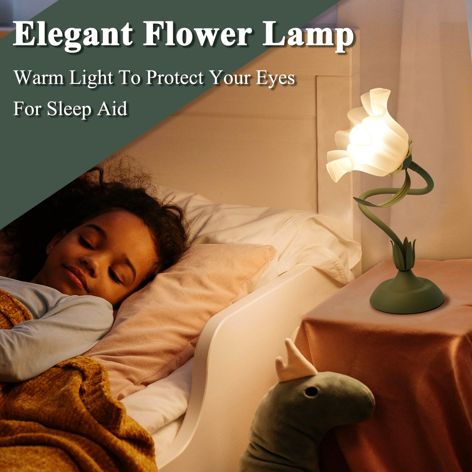 GUIGUZHJ Flower Table Lamp, Vintage 3 Level Brightness, Green White, E26 Bulb, Cute Desk Lamp for Bedroom and Living Room Ambient Lighting