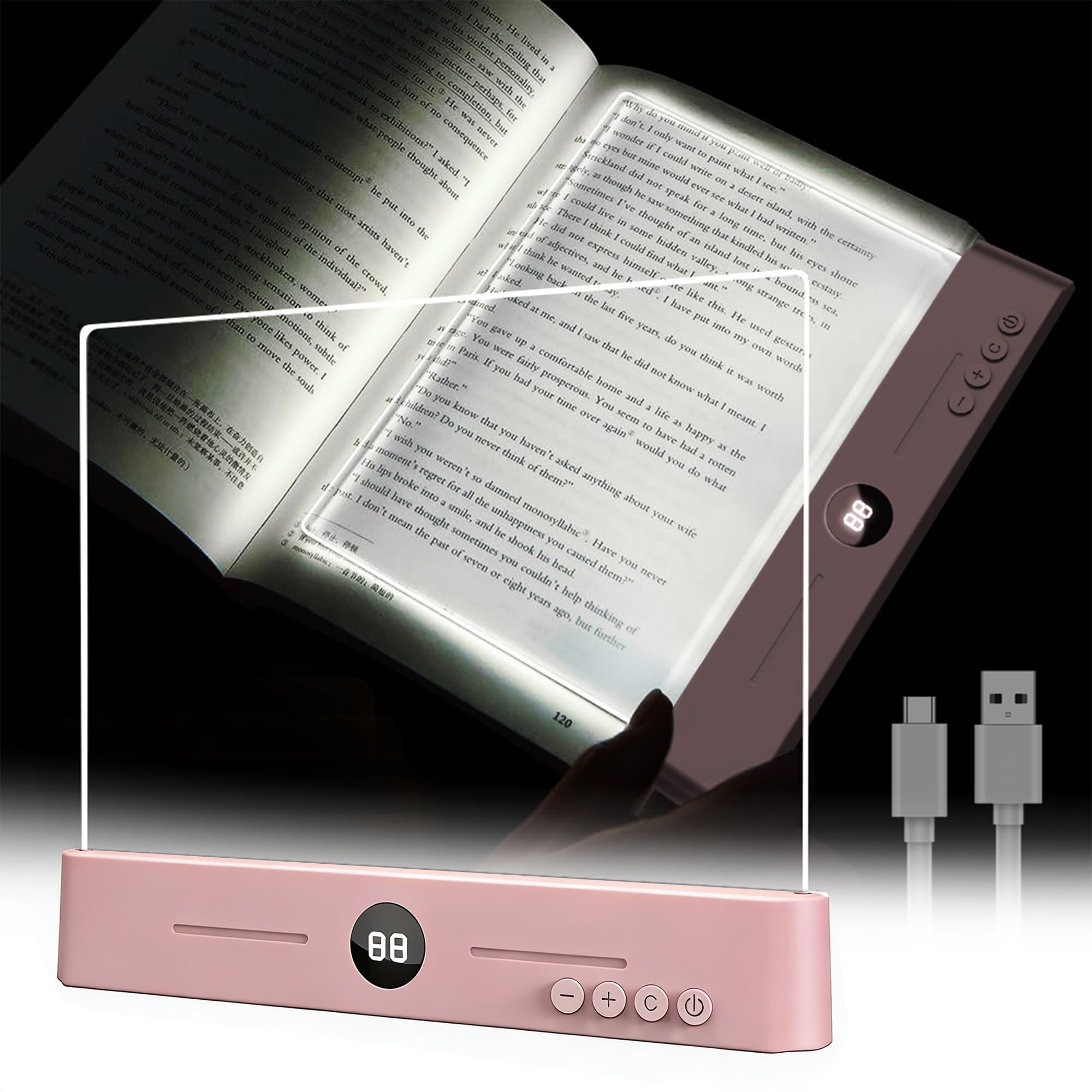TFFUAM LED Book Light and Night Light 2 in 1, USB Rechargeable Clear Flat Book Light with 3 Colors & Timer, Dimmable Book Lights