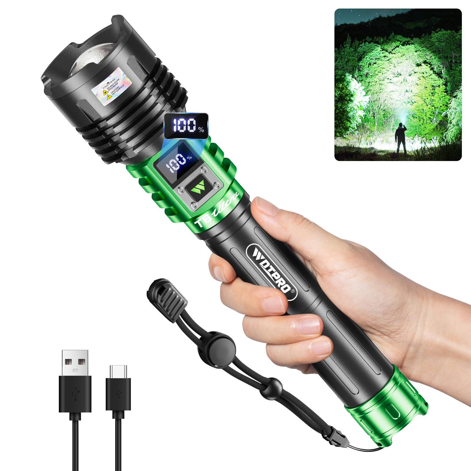 WdtPro Rechargeable LED Flashlights High Lumens  Super Bright 90000LM Rechargeable Flashlight with LCD Display  5 Modes & Waterproof Powerful 10000mAh 30H Flashlight for Camping Emergency Green