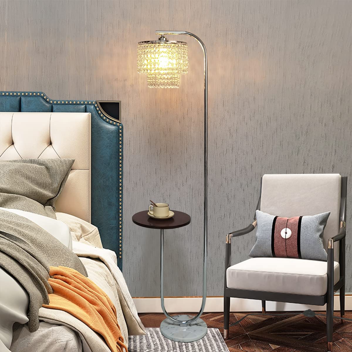 Hsyile Arc Crystal Floor Lamp For Living Room - Marble Base Modern Tall Stand Up Light With Table,Contemporary Over The Couch Ch