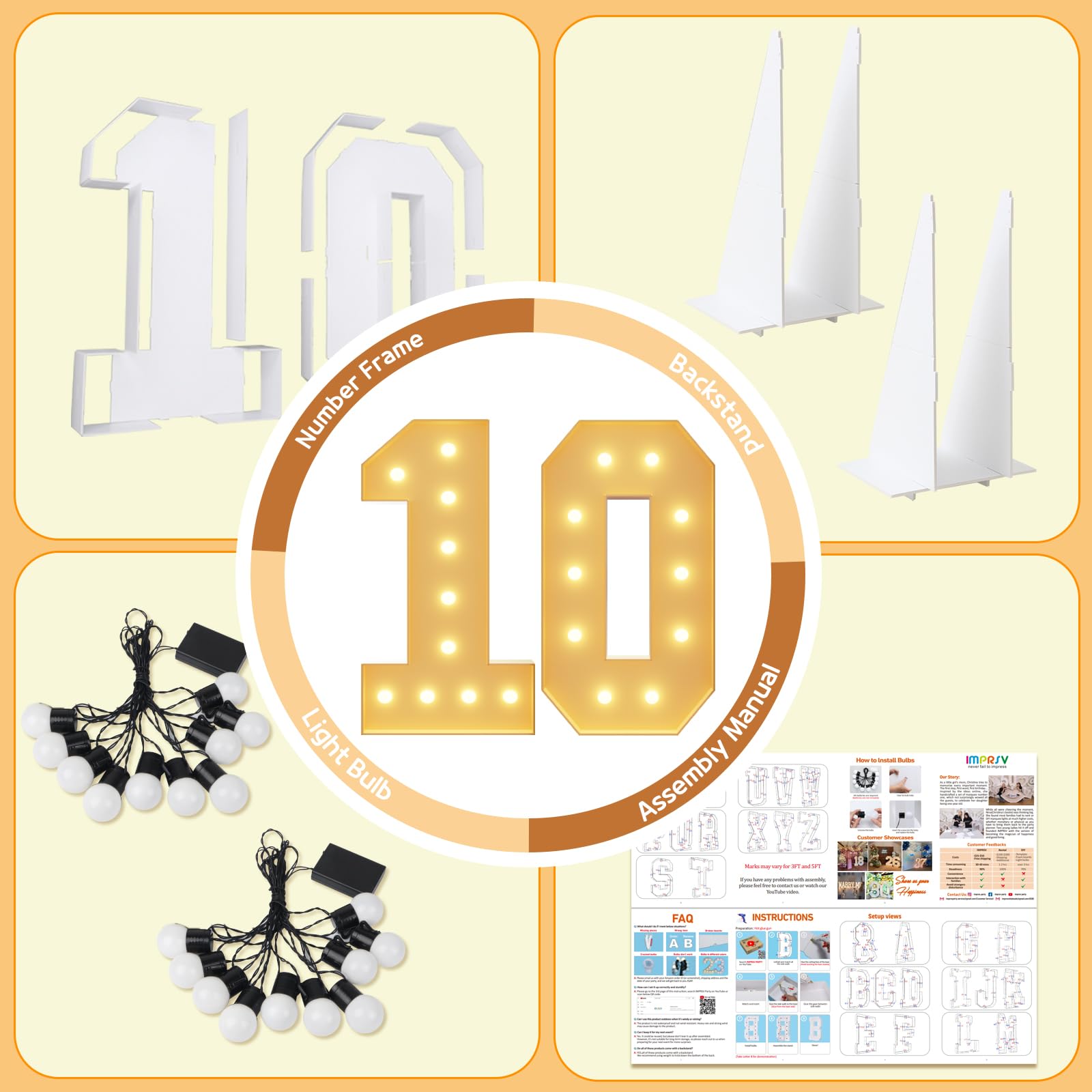 imprsv 4FT Light Up Numbers - Foam Board 10th Birthday Decor for Girls & Boys, Anniversary Party Decorations