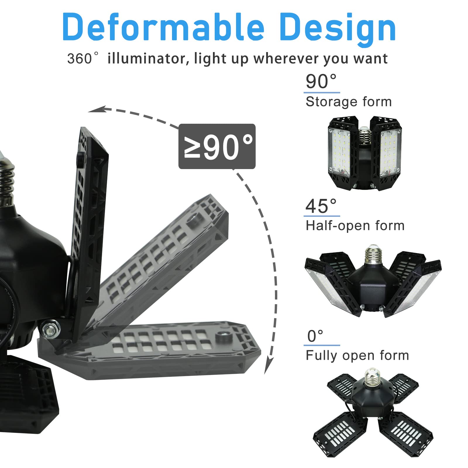 Qiyuanls Led Garage Light,150W Deformable Garage Ceiling Lights,15000Lm, 4 Adjustable Panels, E26/E27 Shop Lights For Basement,