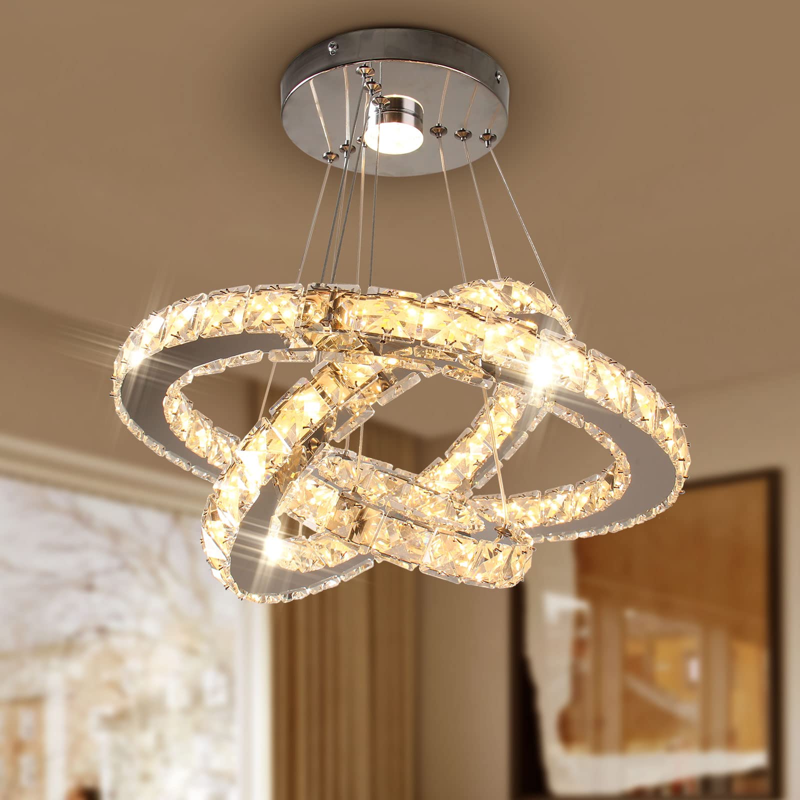 diisunbihuo LED Chandelier Modern Crystal Pendant Light Adjustable 20/30/40in Warm White Silver for Bedroom Living Room Dining Room