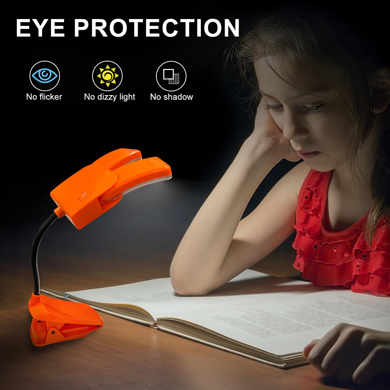 Bigmonat Battery Operated Clip On Light  Dimmable Brightness Eye Care Book Reading Light  360Flexible Gooseneck Night Lighting For Home Office  Reading Study (Orange  2Pack)