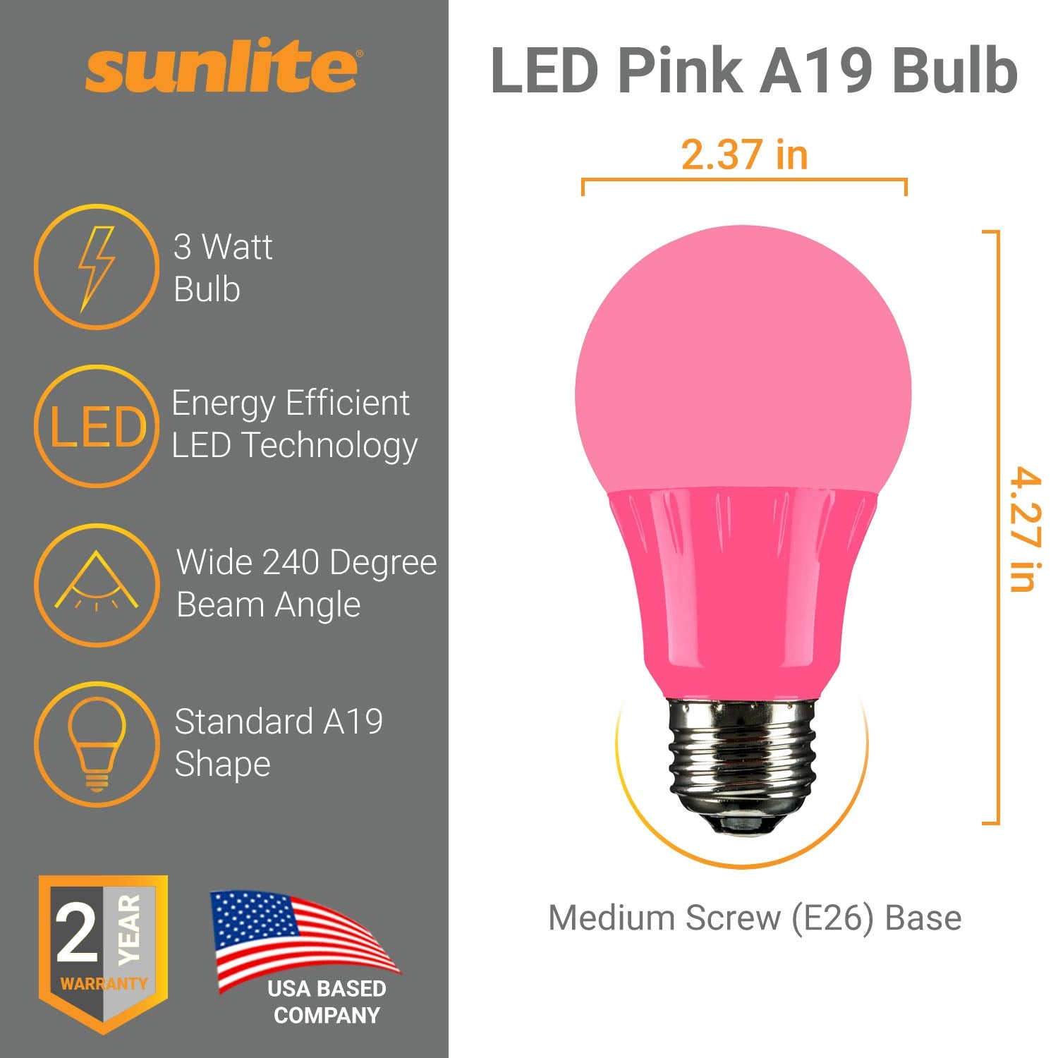 Sunlite A19/3W/P/Led/3Pk Led Colored A19 3W Pink Light Bulbs Medium (E26) Base (3 Pack)