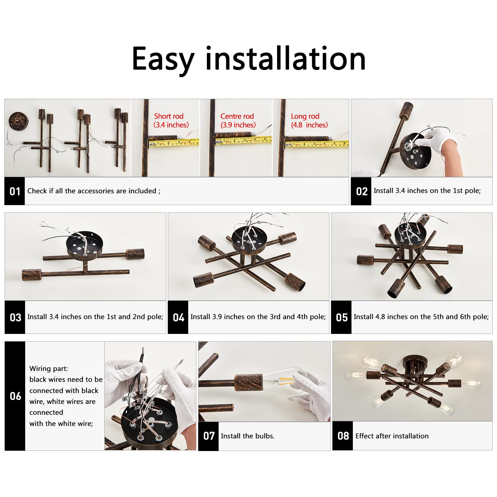 Asgyisa 6-Lights Semi Flush Mount Ceiling Light Fixture Vintage Modern Bronze Matte Sputnik Chandelier Farmhouse Ceiling Lamp Fo