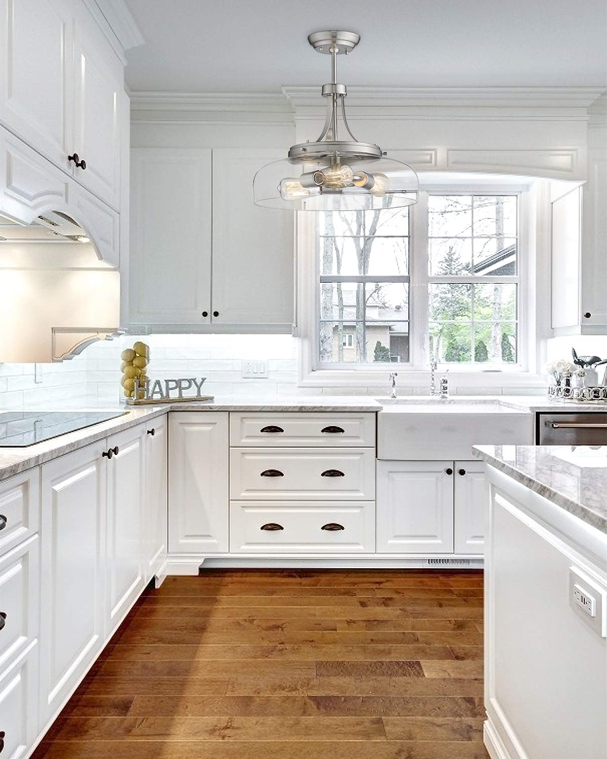 Eapudun 3-Light Farmhouse Semi Flush Mount Ceiling Light, Brushed Nickel With Glass Shade