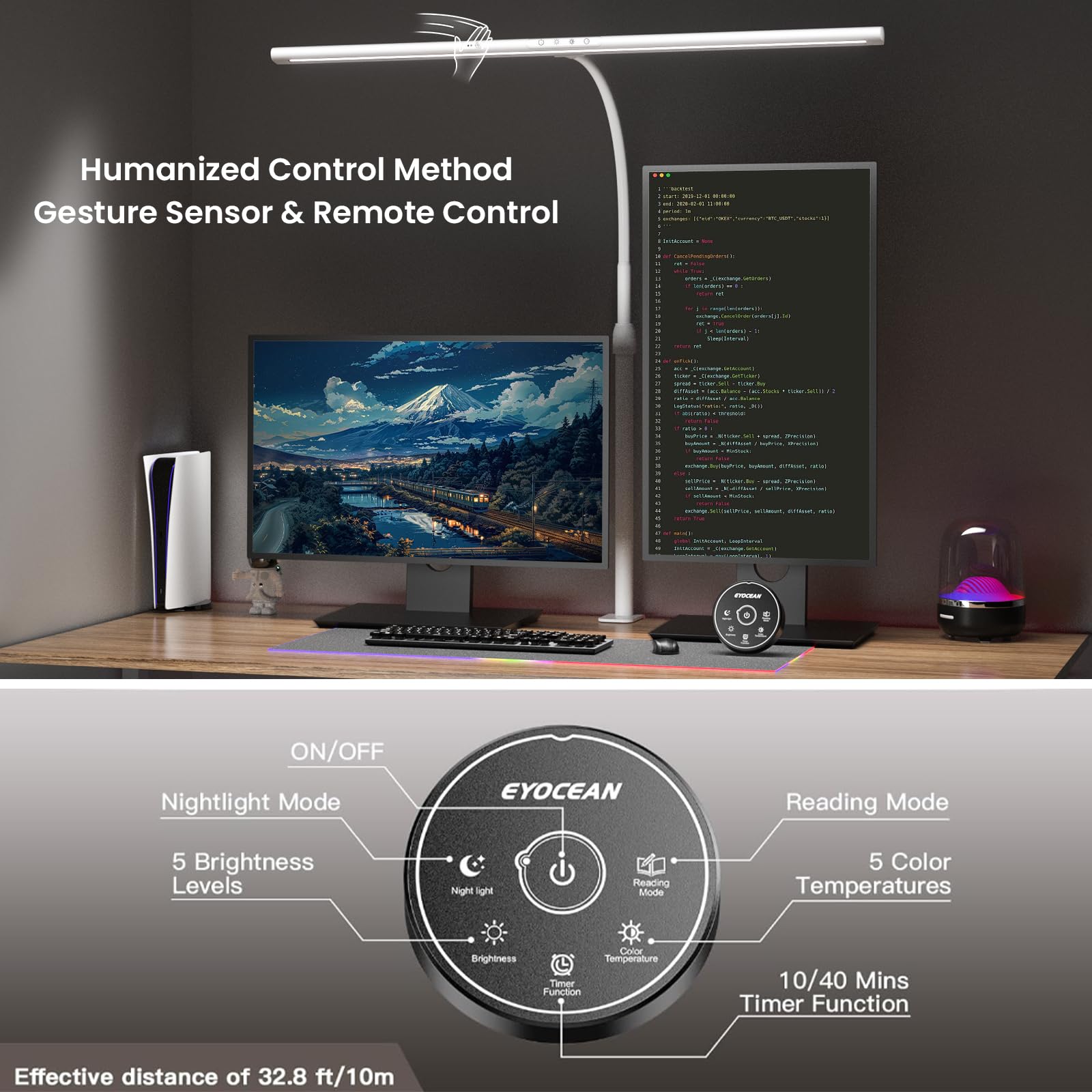 EYOCEAN Desk Lamp, 31.5" Adjustable LED Light, 24W Dimmable, Gesture Control, White, Model CLED-3927C