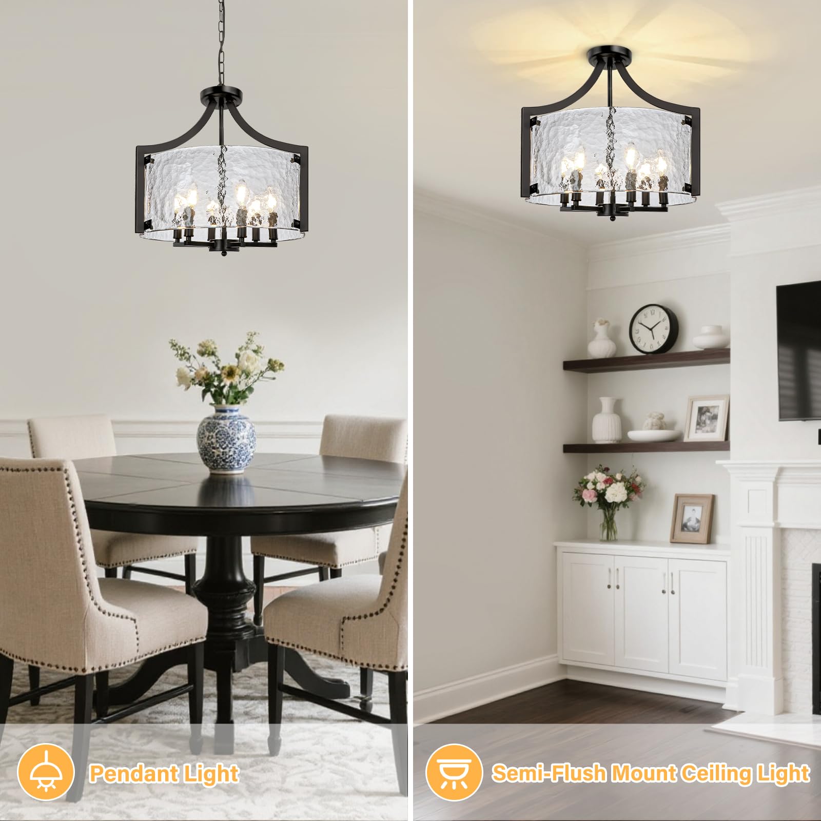 Wbindx 6-Light Glass Chandelier For Dining Room  19.3 Modern Black Foyer Chandelier Convertible Semi Flush Mount Ceiling Light  Farmhouse Pendant Lighting For Entryway Foyer Bedroom Kitchen