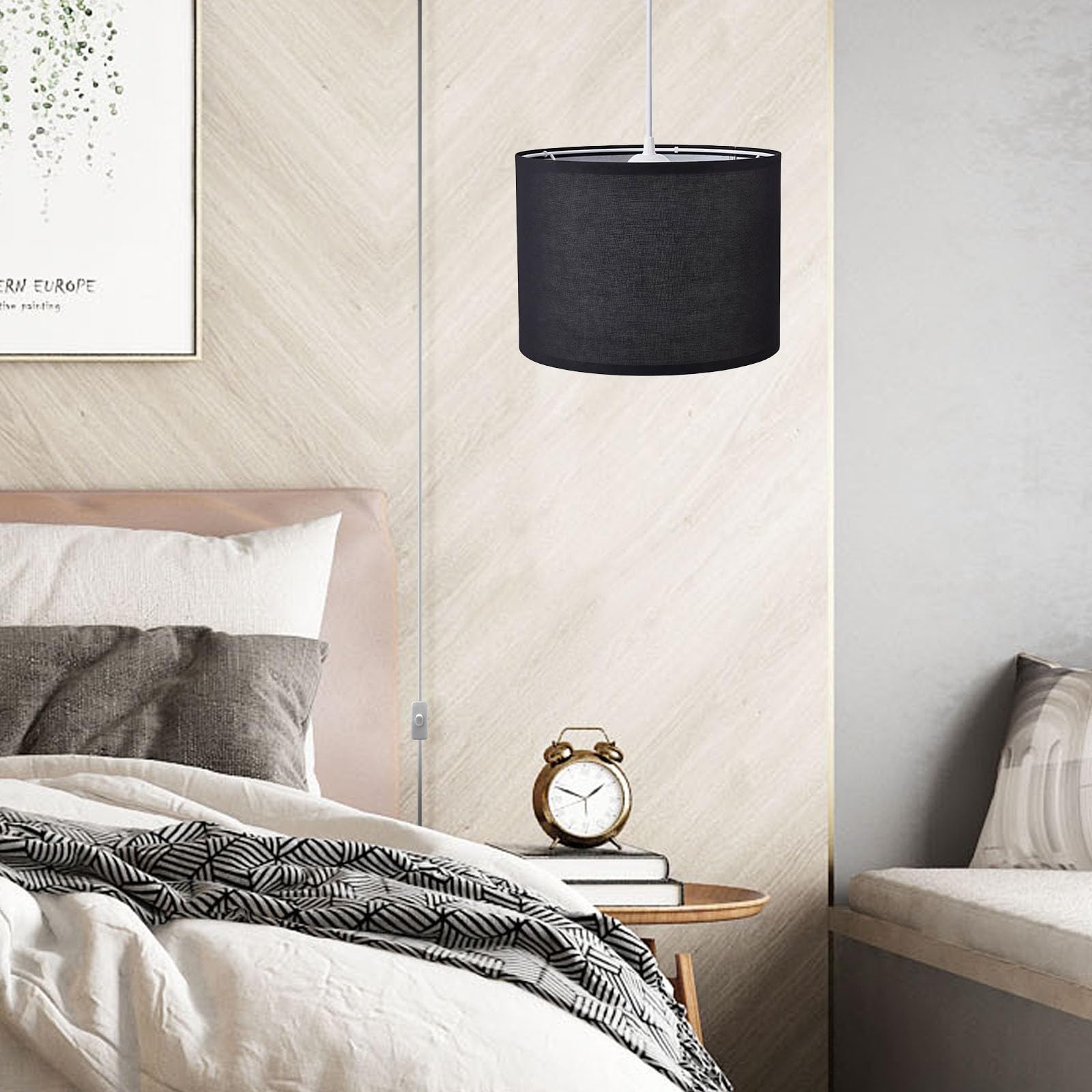 KUAUGST Plug in Pendant Light, 15 FT Cord with On/Off Switch, Metal Shade, Black, Model: Plug in Pendant Light-04