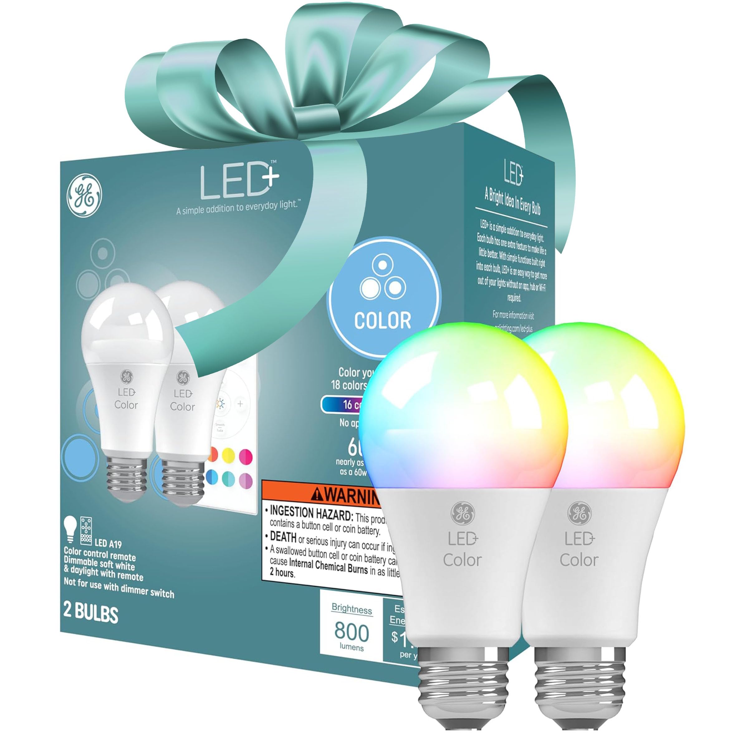 Ge Led+ Color Changing Led Light Bulbs With Remote, No App Or Wi-Fi Required, A19 Standard Bulbs (2 Pack)