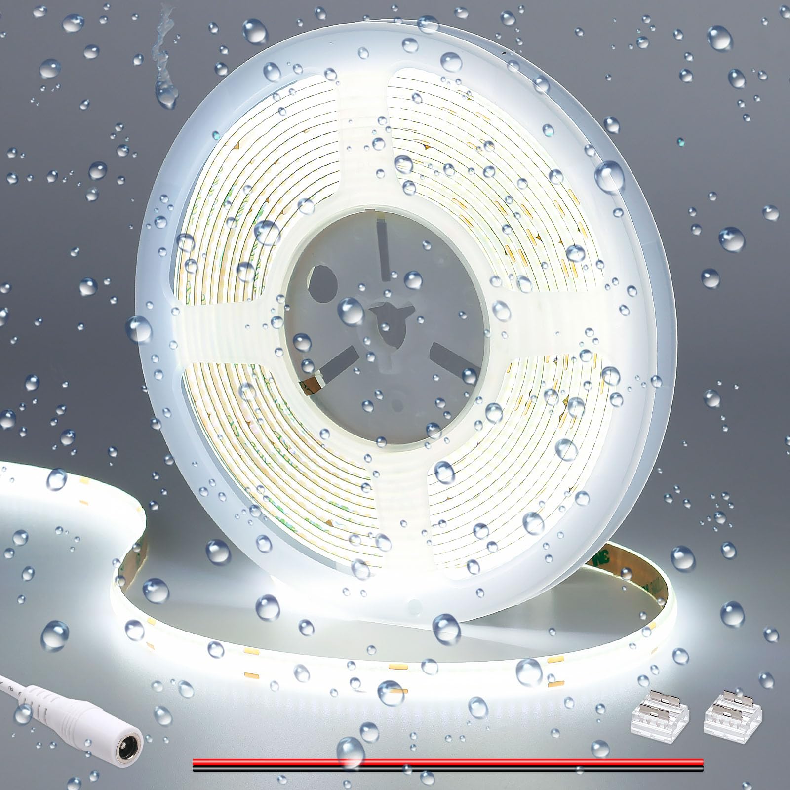 GOMING DC 12V COB LED Strip Light Cool White 6000K IP65 Waterproof 16.4ft(5M) 1560LEDs CRI 93+ Uniform Glow Flexible LED Tape Li