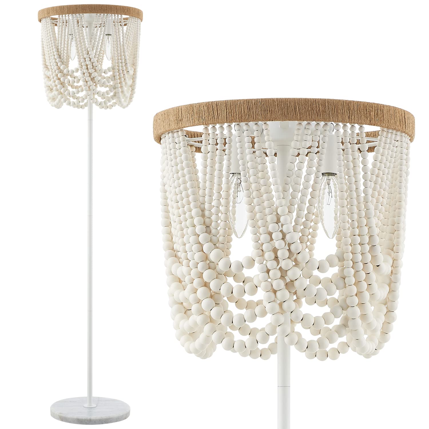 Viluxy Bohemia Wood Beaded Boho Floor Lamp - Antique Rustic White Finishing For Bedroom, Nursery, Dining, Girl Room - 3-Light