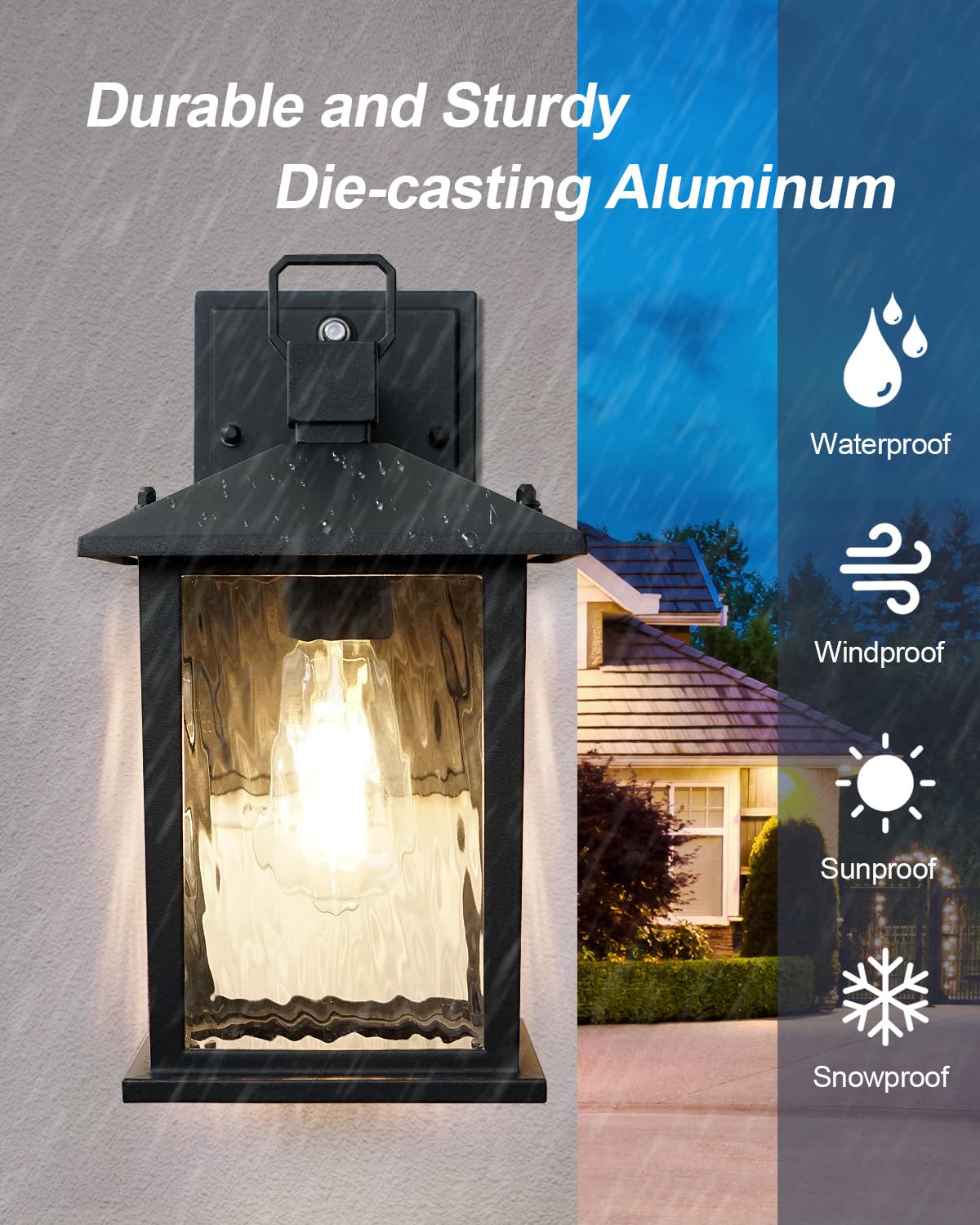 ZILLSEA Dusk to Dawn Outdoor Light Fixture, 12" Matte Black Wall Lantern with Water Ripple Glass, Waterproof, Model A0501P1