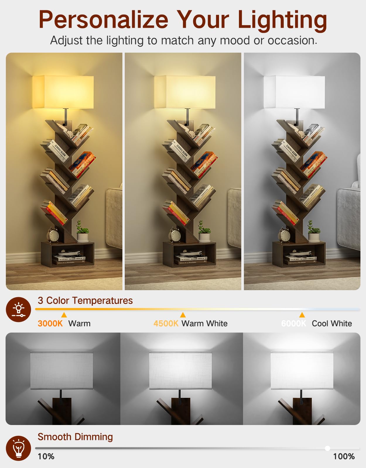 Outonlife 6 Tier Tree Bookshelf With Lamp, Remote & Timer, Modern Tall Floor Standing Corner Book Shelf, Narrow Wood Bookcase, S