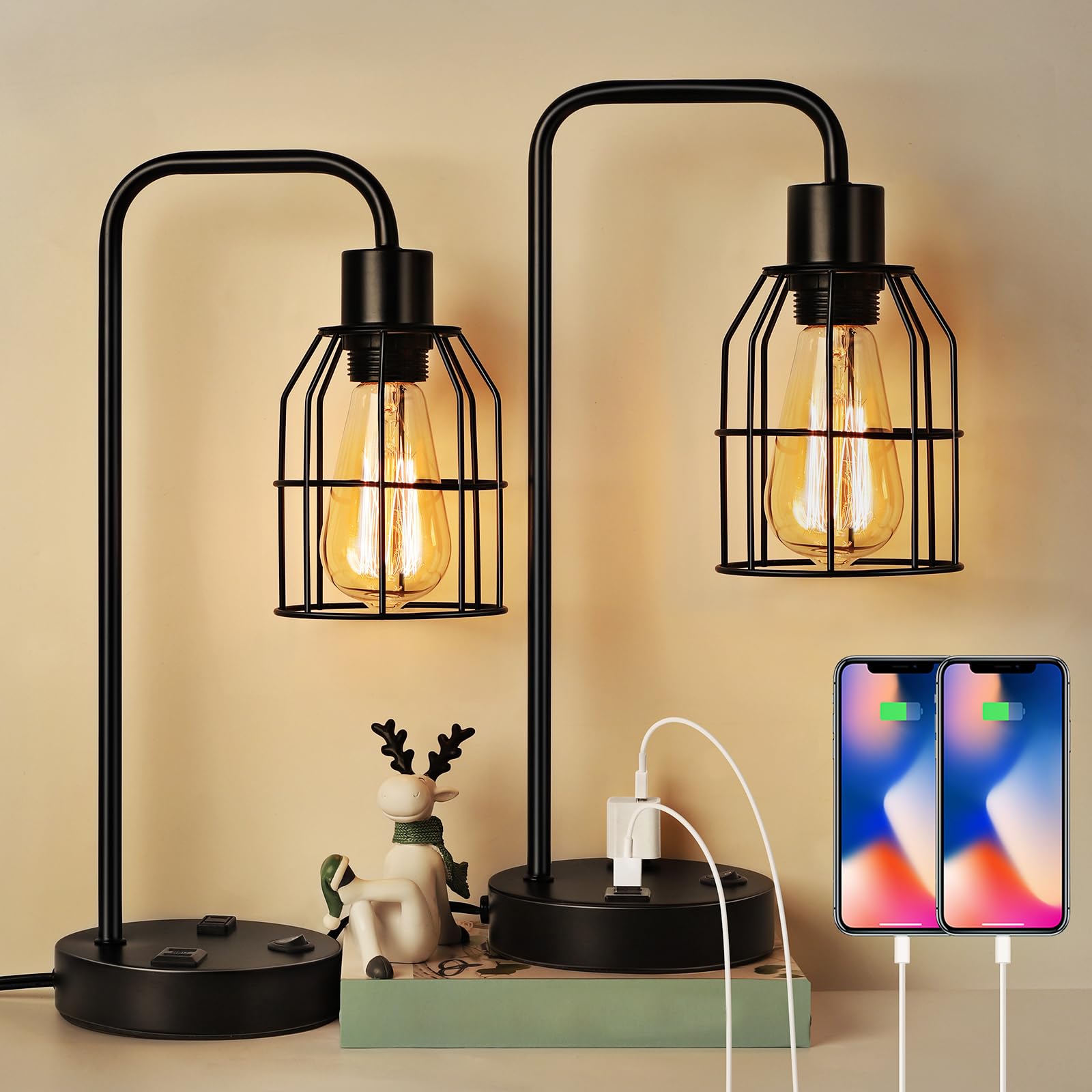 BTY Industrial Table Lamp Set of 2 with USB Charging Ports, Metal Wire Cage, Black, CAGE 3, for Bedroom Living Room