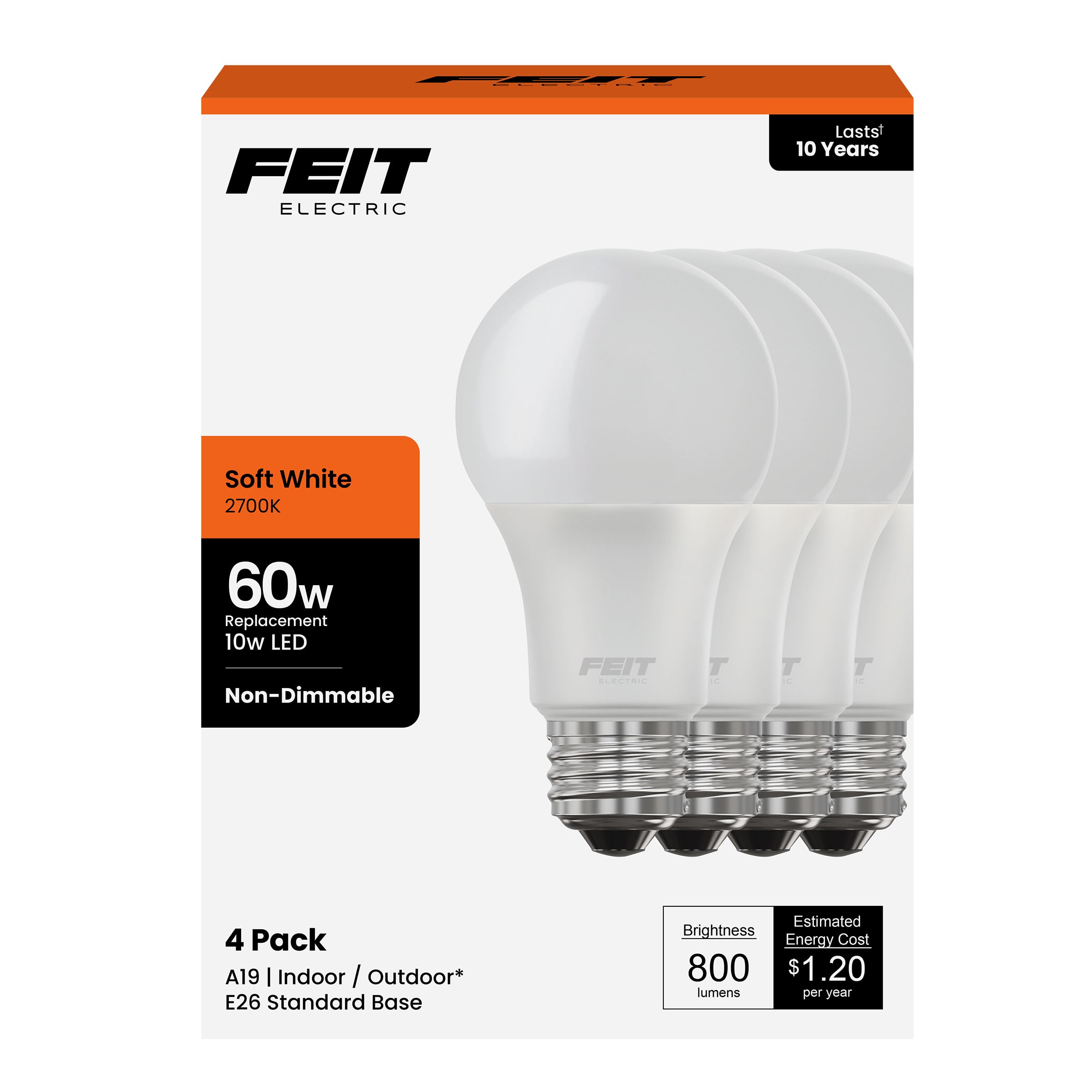 Feit Electric A19 LED Light Bulb 60W Equivalent 800 Lumen 3500K Neutral White 10 Pack A800/835/10KLED/10