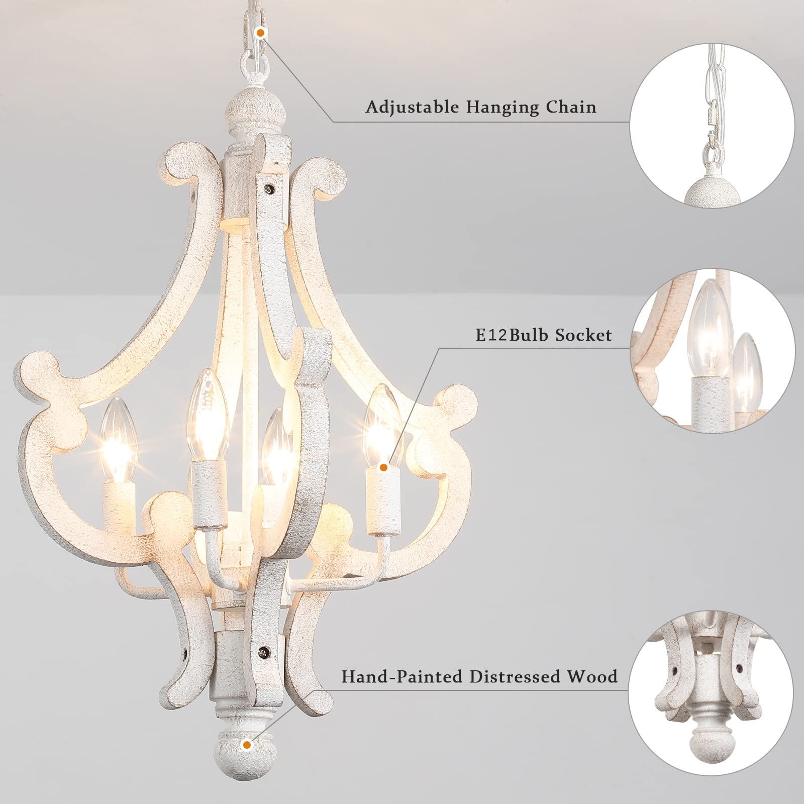 Wooden Farmhouse Chandelier 4 Lights Rustic Antique White Chandelier For Dining Room French Country Chandelier Orb Pendant Light Fixtures Hanging For Kitchen Living Room Foyer Bedroom Entryway Hallway