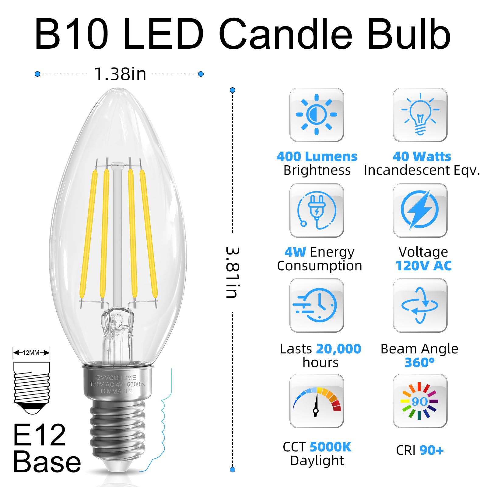 Gvvoohome E12 Candelabra Bulb 40 Watt, E12 Led Bulb Dimmable Chandelier Light Bulbs, 5000K Daylight B10 Candle Light Bulbs, 90+C