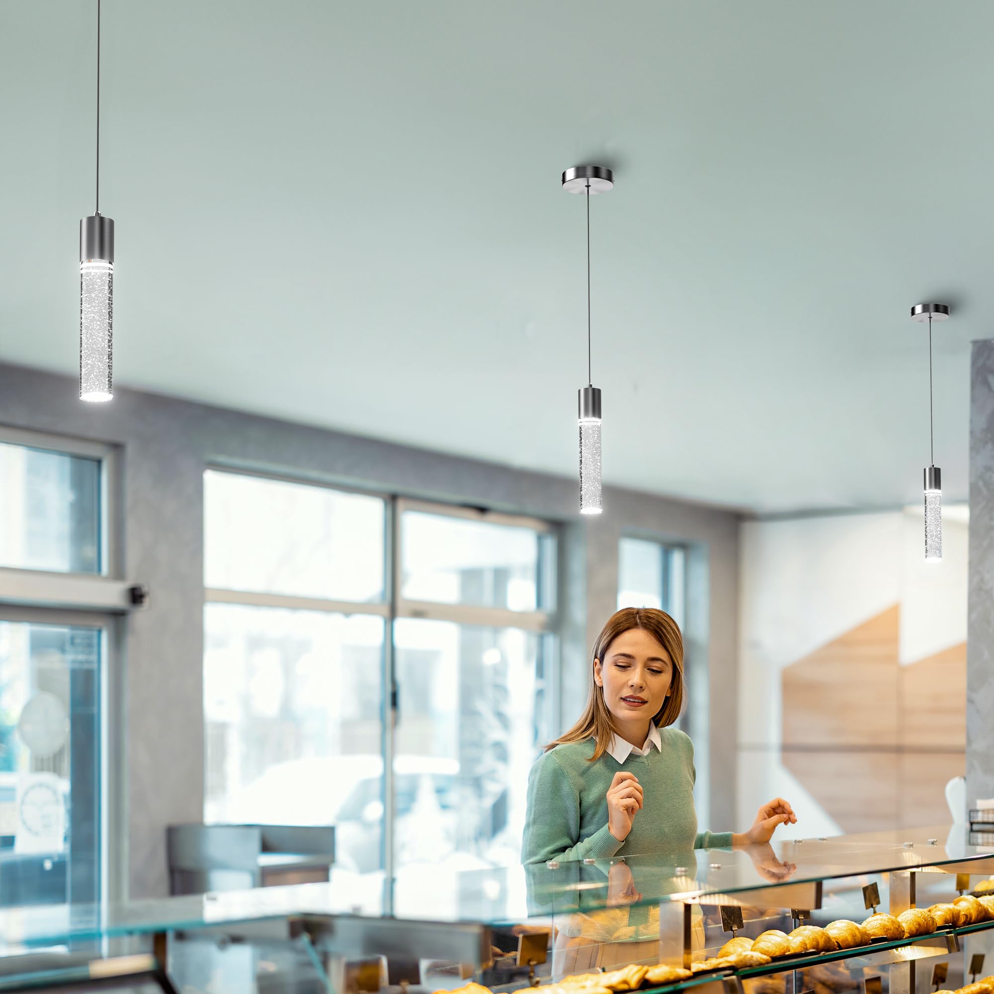 Esfos Pendant Lights 3 Pack, 6500K LED Crystal Bubble, Brushed Nickel, Model L11-3-WT-LS for Kitchen Island & Dining Room