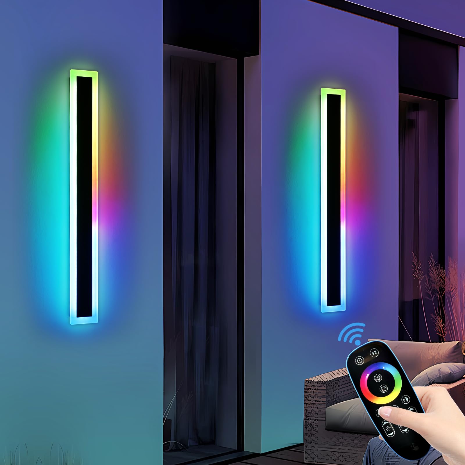 Widened 2 Pack Modern RGB Outdoor Wall Light, 47.2inch 10 Colors Dimmable LED Wall Mount Sconces, 41W, IP65 Waterproof, Long Lin
