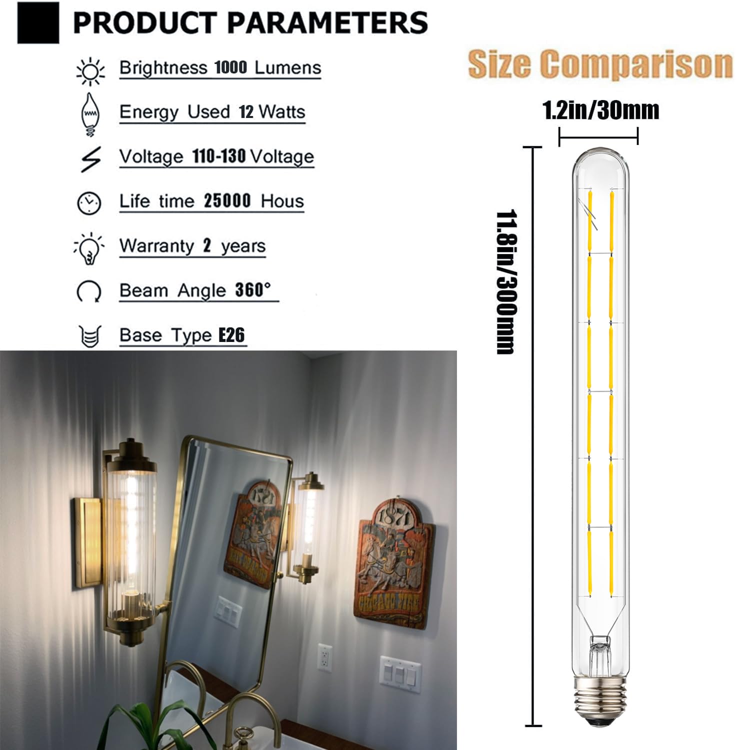 Leools T300 Dimmable Led Tubular Bulb 12W,Long Tube Edison Led Vintage Filament Bulb,100W Equivalent,4000K Daylight White,Cover