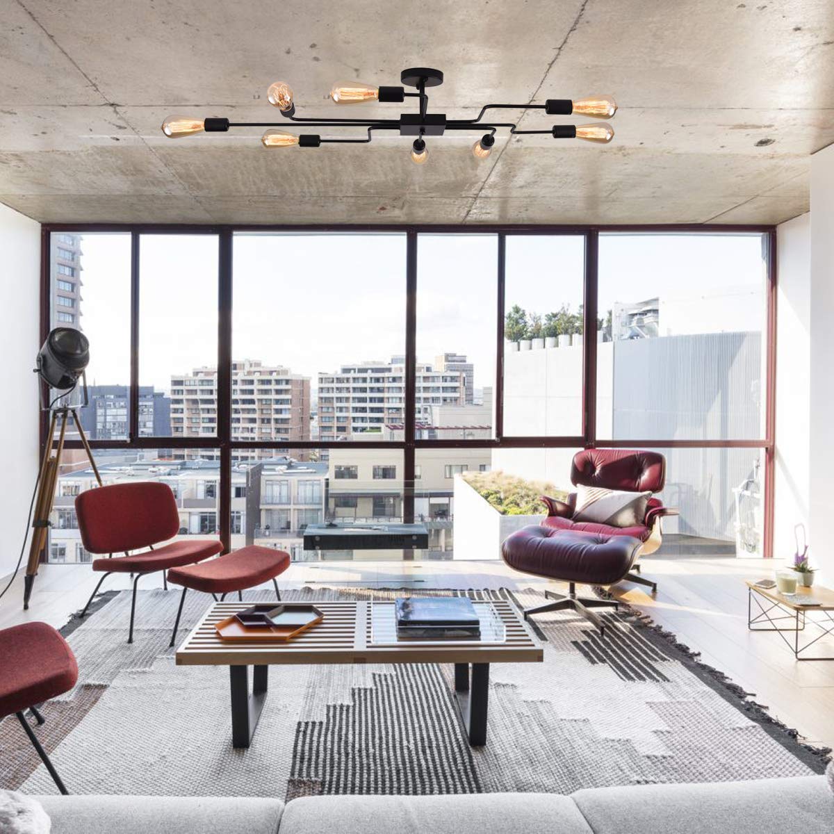 Mirrea Modern Industrial Semi-Flush Mount Metal Ceiling Lighting For Rectangular Room 8 Lights (Black Painted)