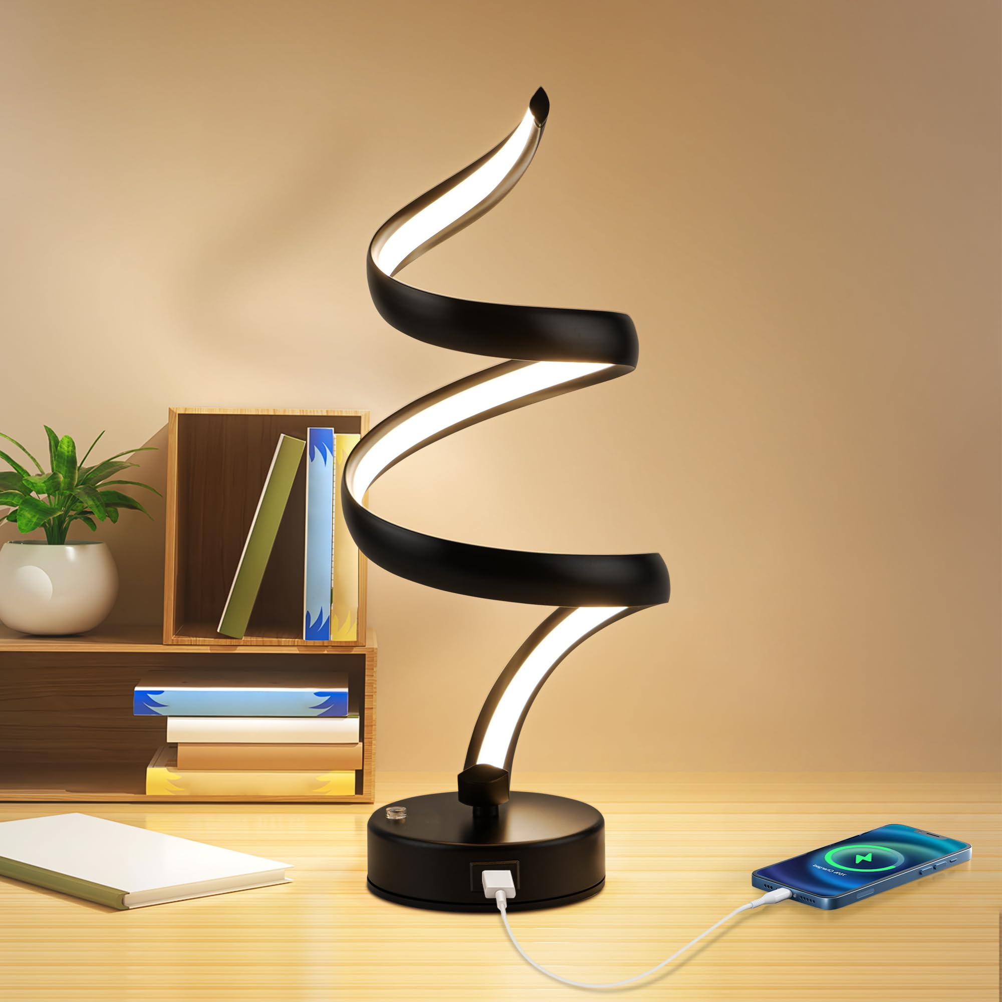 Adebime Spiral Led Lamp - Touch-Controlled Dimmable Table Light, Warm White For Bedrooms, Living Rooms, And Offices, Black