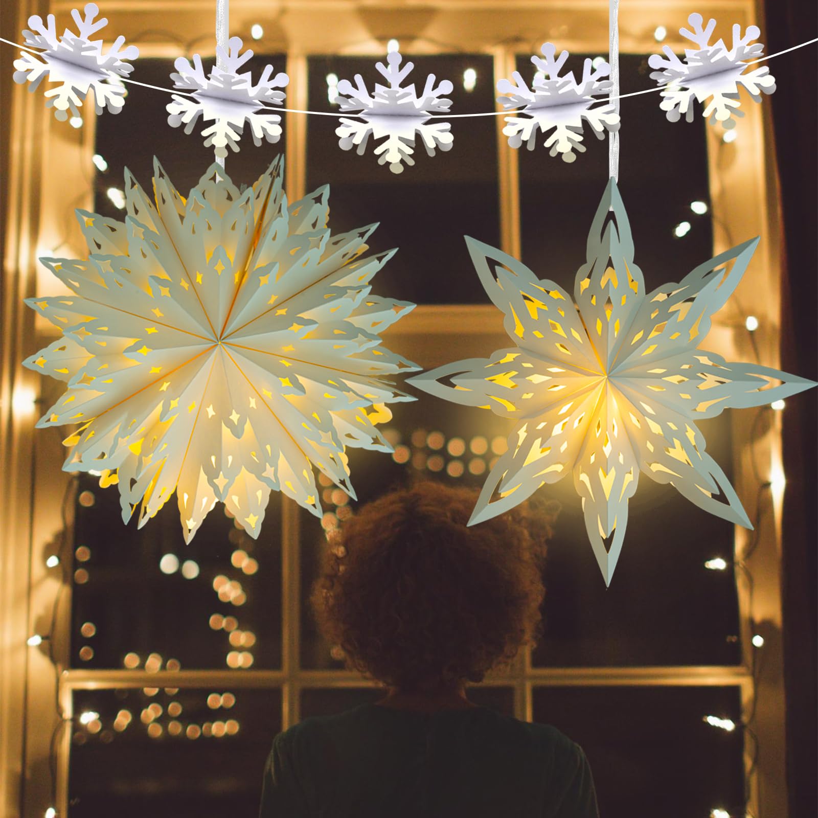 OuMuaMua Christmas Paper Lanterns - 2 Pcs White Star Lanterns with LED Lights for Holiday Decor, Model GSD002
