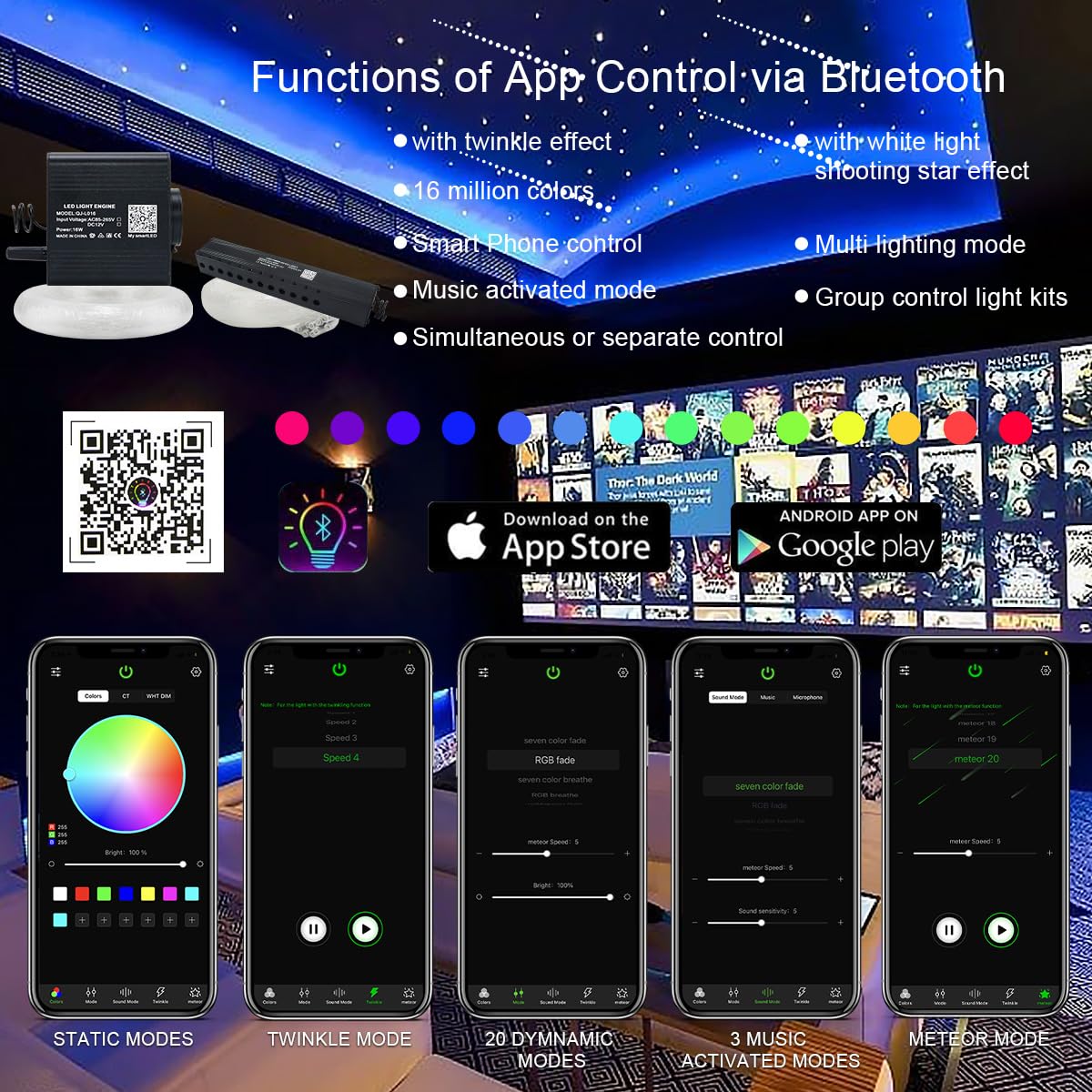 Akepo Small Size 16W Twinkle Meteor App Fiber Optic Light Kits, Shooting Star+Rgbw Music Activated 550Pcs 0.03In/0.75Mm 9.8Ft/3M