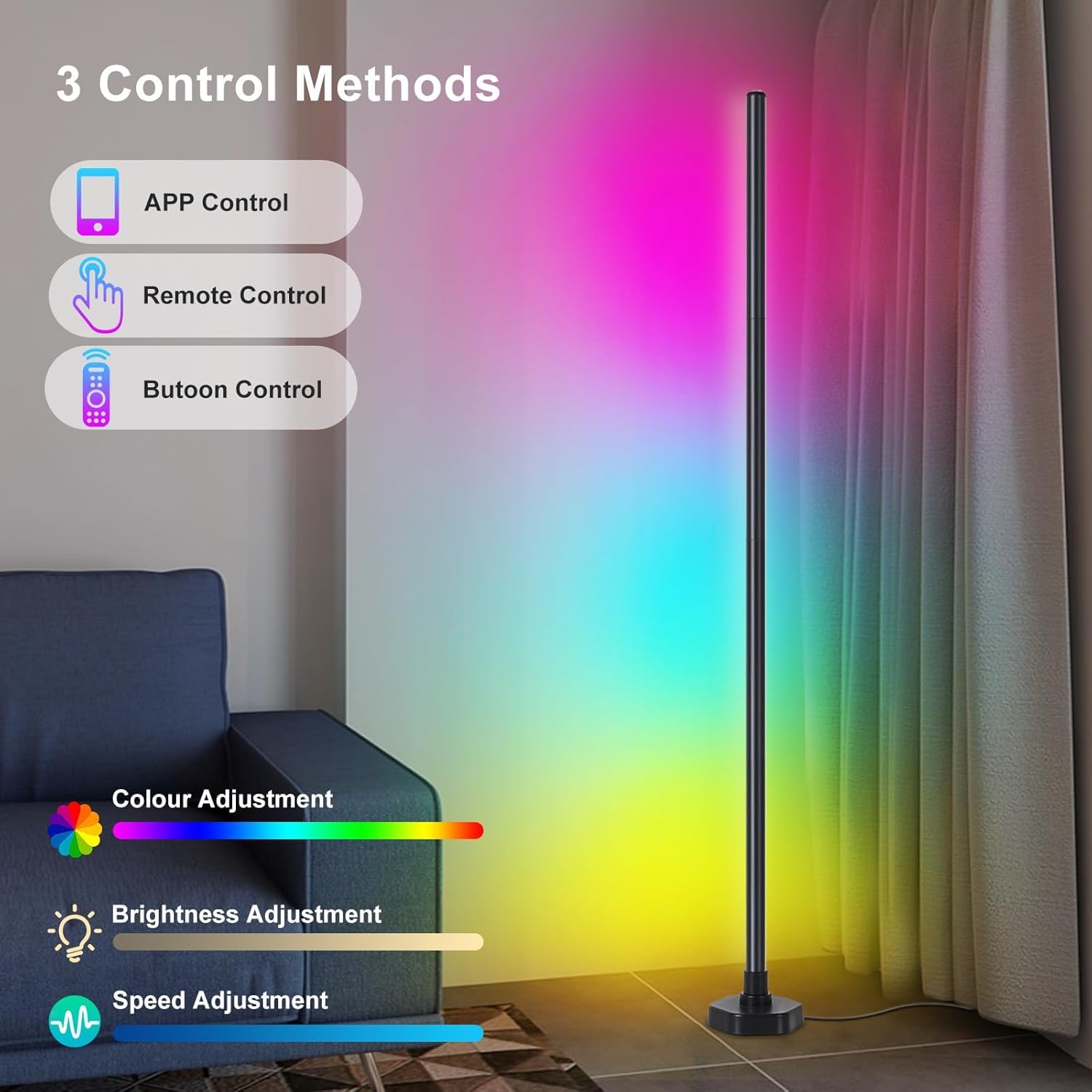 Ytdrgb Led Floor Lamp Rgbw, Corner Floor Lamp, Corner Lamp With App, If Remote Control, Music Sync, Timer And 16 Million Diy Col