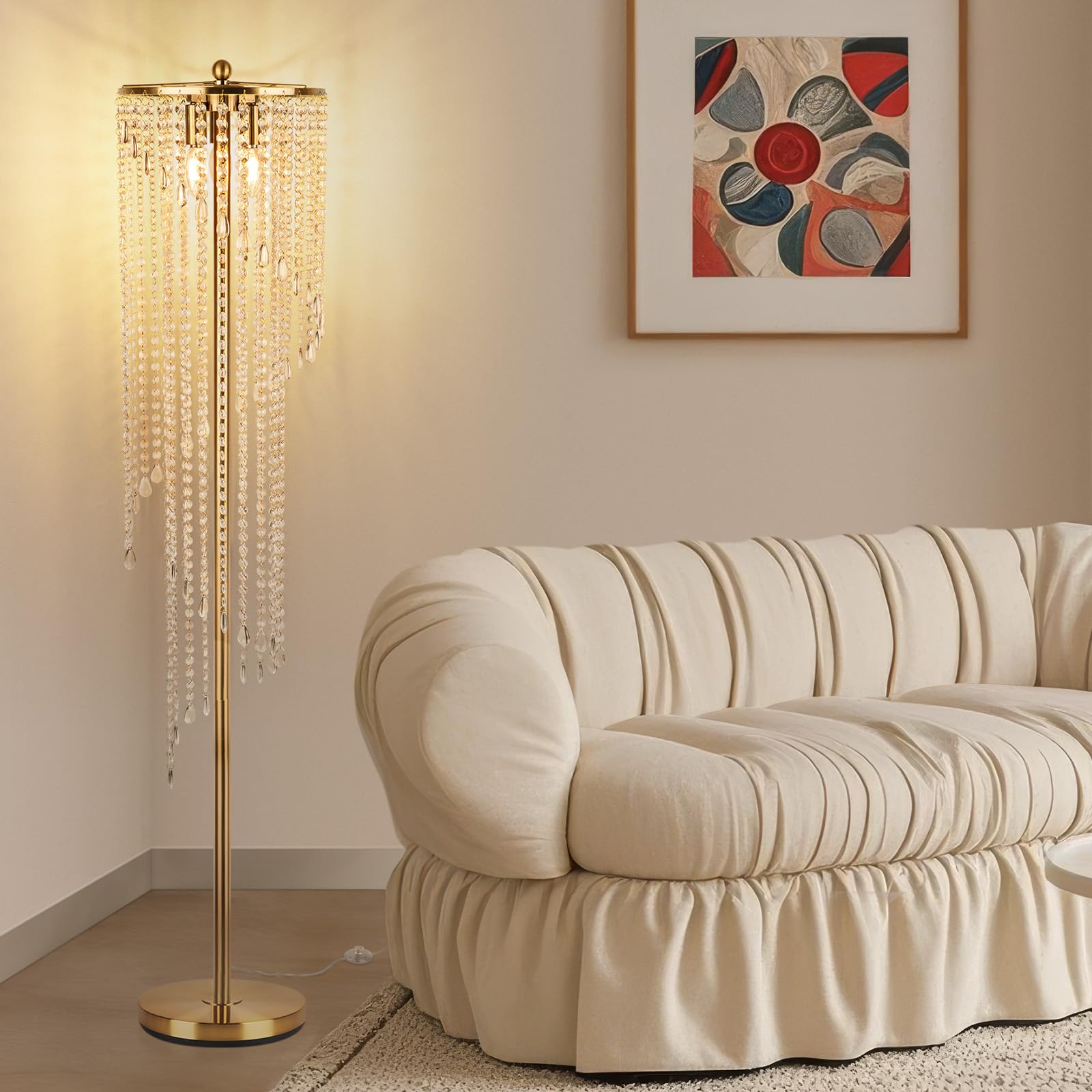 QiMH Gold Floor Lamps for Living Room  63 Tall Lamp for Corner  Modern Floor Lamp with Double-Layer Crystal Lamp Shade  Standing Lamp for Bedroom  Office  Reading (2700K LED Bulbs Included)