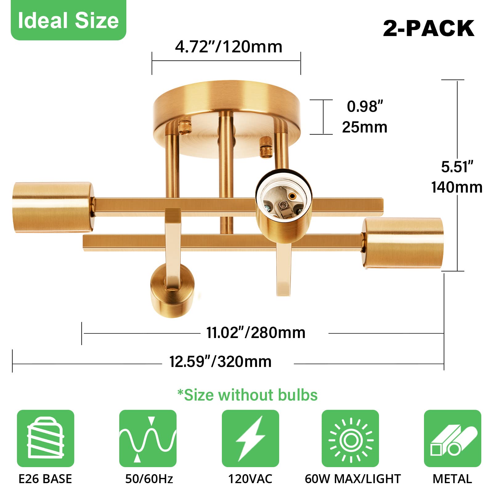 Sunrider 2-Pack Industrial 4-Light Semi Flush Mount Ceiling Light Fixture, Farmhouse Lighting Brushed Golden, Indoor Gold Retro