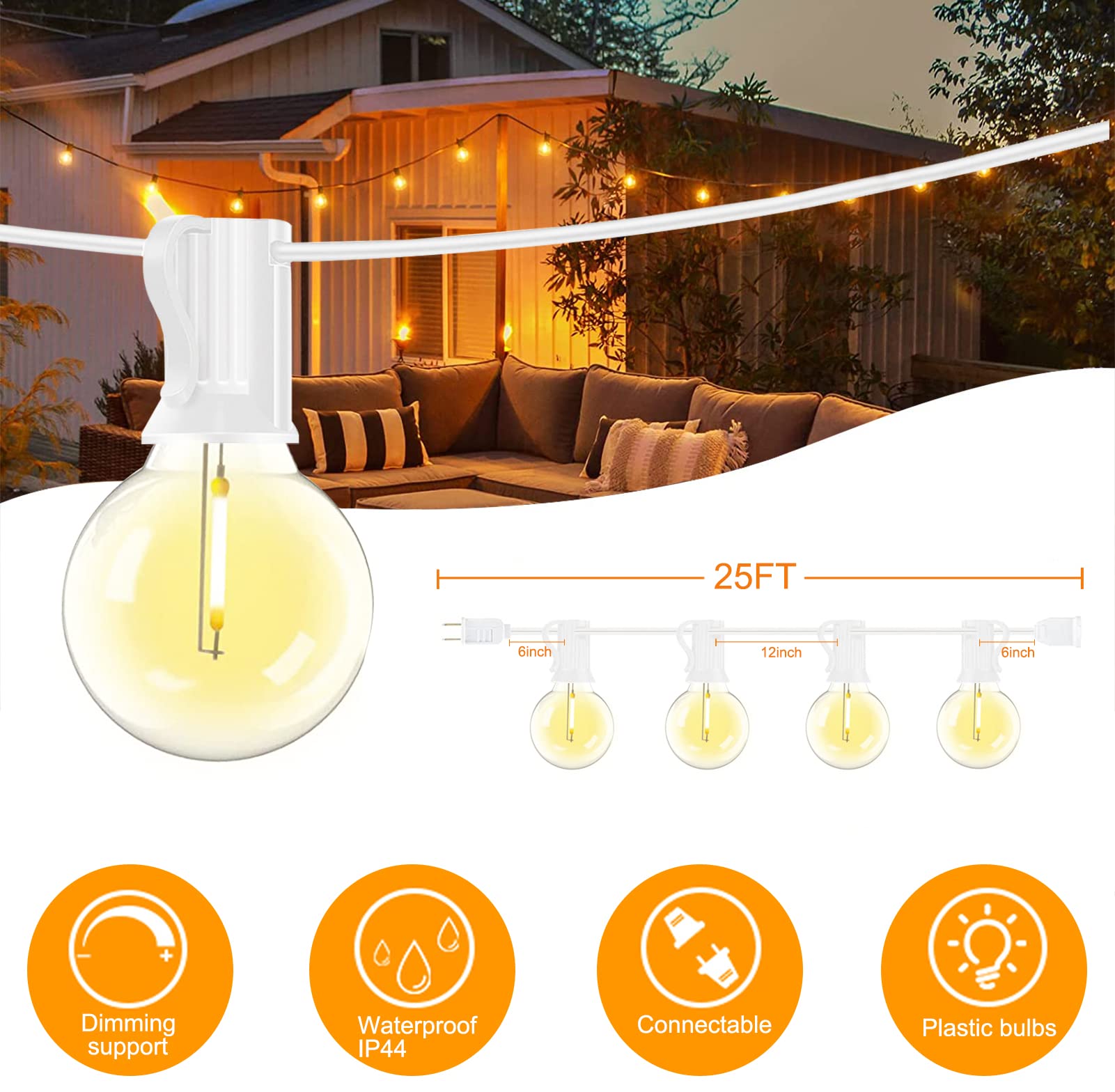 Abeja G40 LED String Lights, 25Ft Outdoor Patio Globe Lights, 27 Shatterproof Bulbs, White Wire, Ideal for Backyard and Bistro Decor