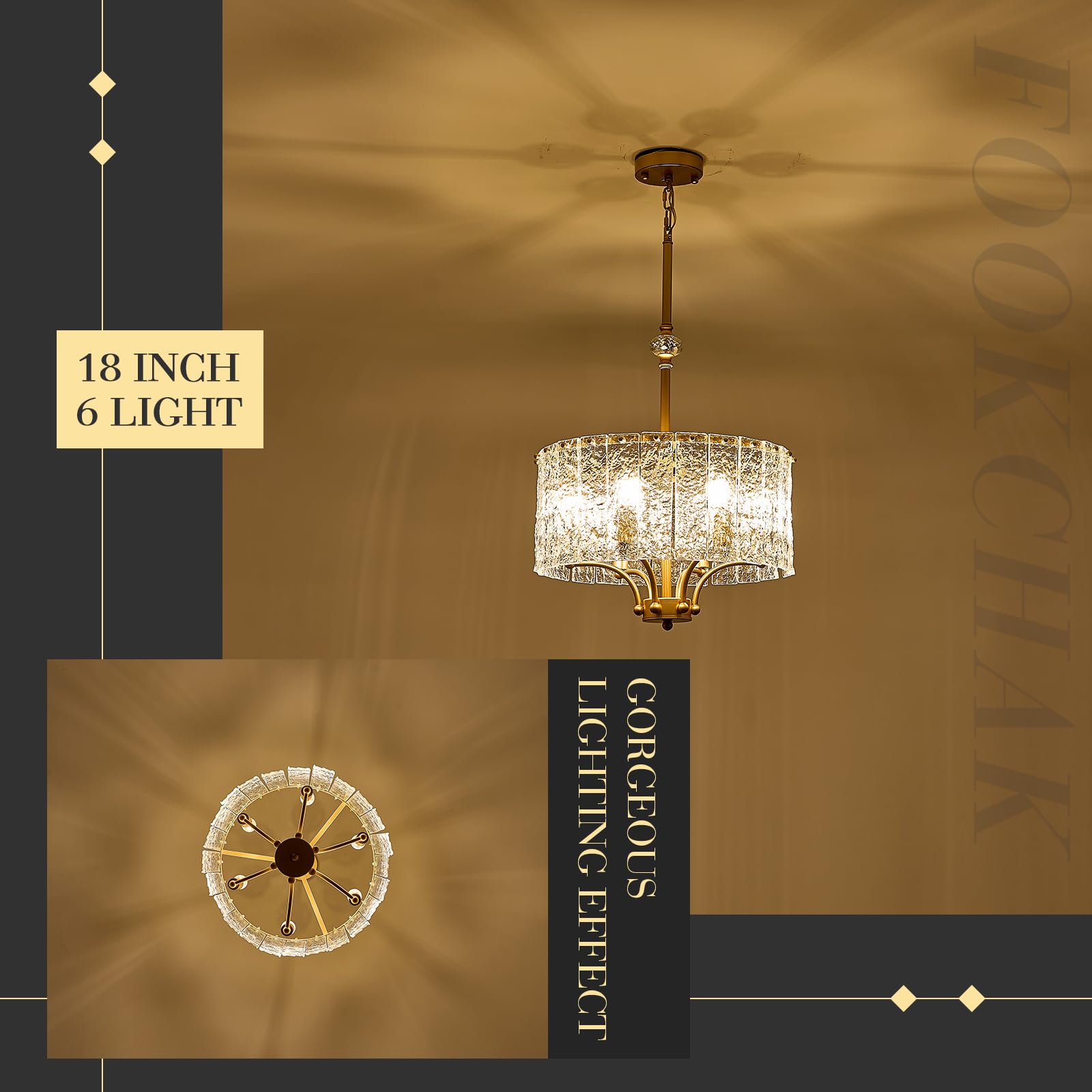 Fookchak Gold Round Chandelier 18In Glass Drum Chandelier Light Fixture 6-Light Hammered Crystal Ceiling Pendant Light For Kiche