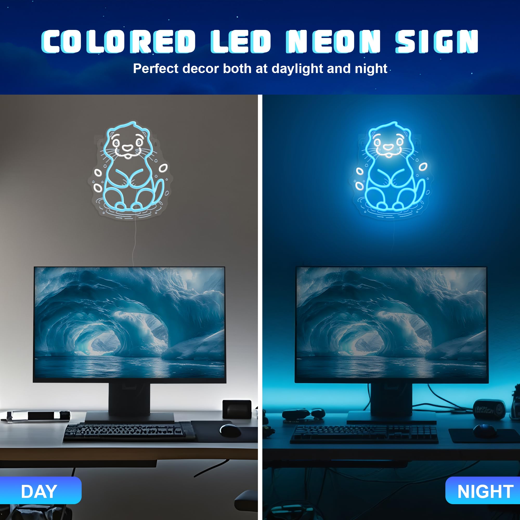 OkiyiD Sea Otter Neon Sign - USB-Powered Glass Wall Decor, 11.8" x 16.15", Perfect for Kids Bedroom & Gifts for Otter Lovers