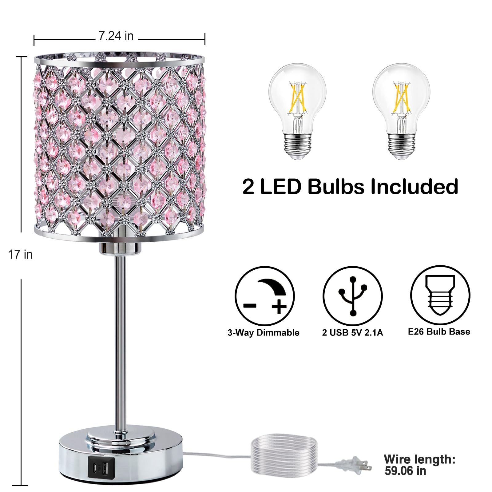 Crystal Table Bedside Lamp Touch Control, 3-Way Dimmable Small Nightstand Lamp Set Of 2 With Usb-C+A Charging Ports, Decorative