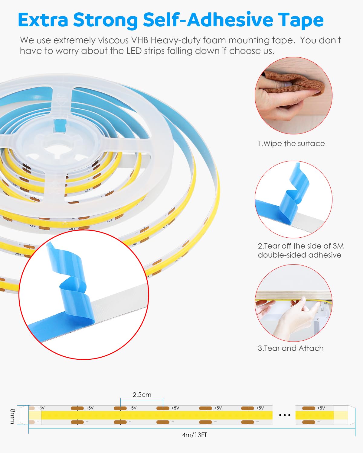 Aclorol Cob Led Strip Light 5V Usb White 6000K 13.12Ft/4M 1280Leds Cri85+ Led Light Strip For Bedroom Super Bright Tape Lights With 1M Cable For Under Cabinet Desks 3D Printer Diy Lighting Decor