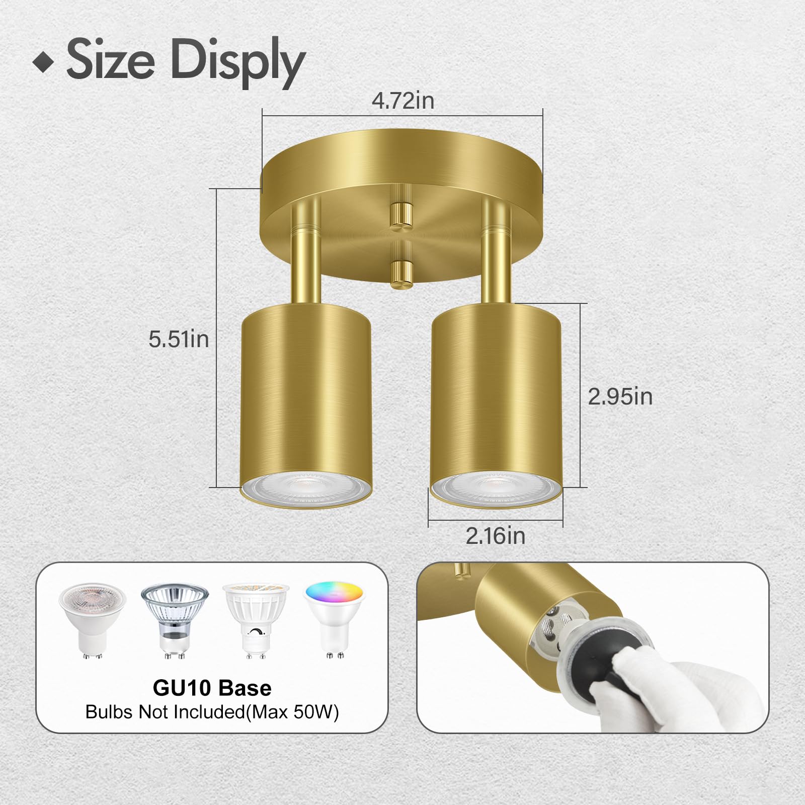 Bricosmocon 2-Light Track Lighting Fixtures, Gold Metal Adjustable Ceiling Spotlight, Model FC0323, Ideal for Kitchen/Living Room