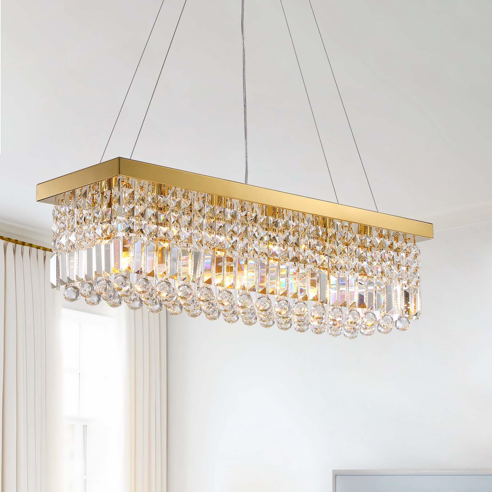 7PM Modern Gold Crystal Chandelier Rectangle Chandeliers for Dining Room Rectangular Pendant Lighting Fixture for Kitchen Island